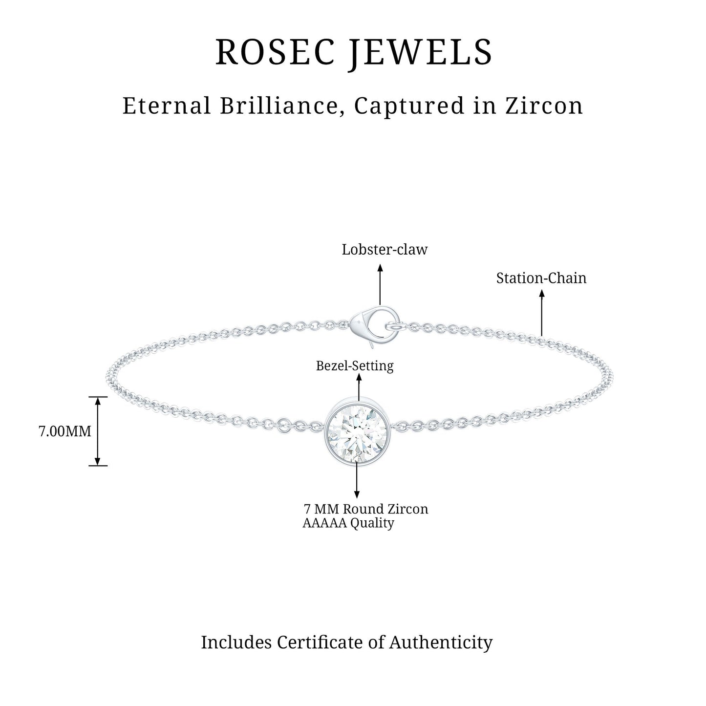 Bezel Set 7 MM CZ Diamond Solitaire Chain Bracelet