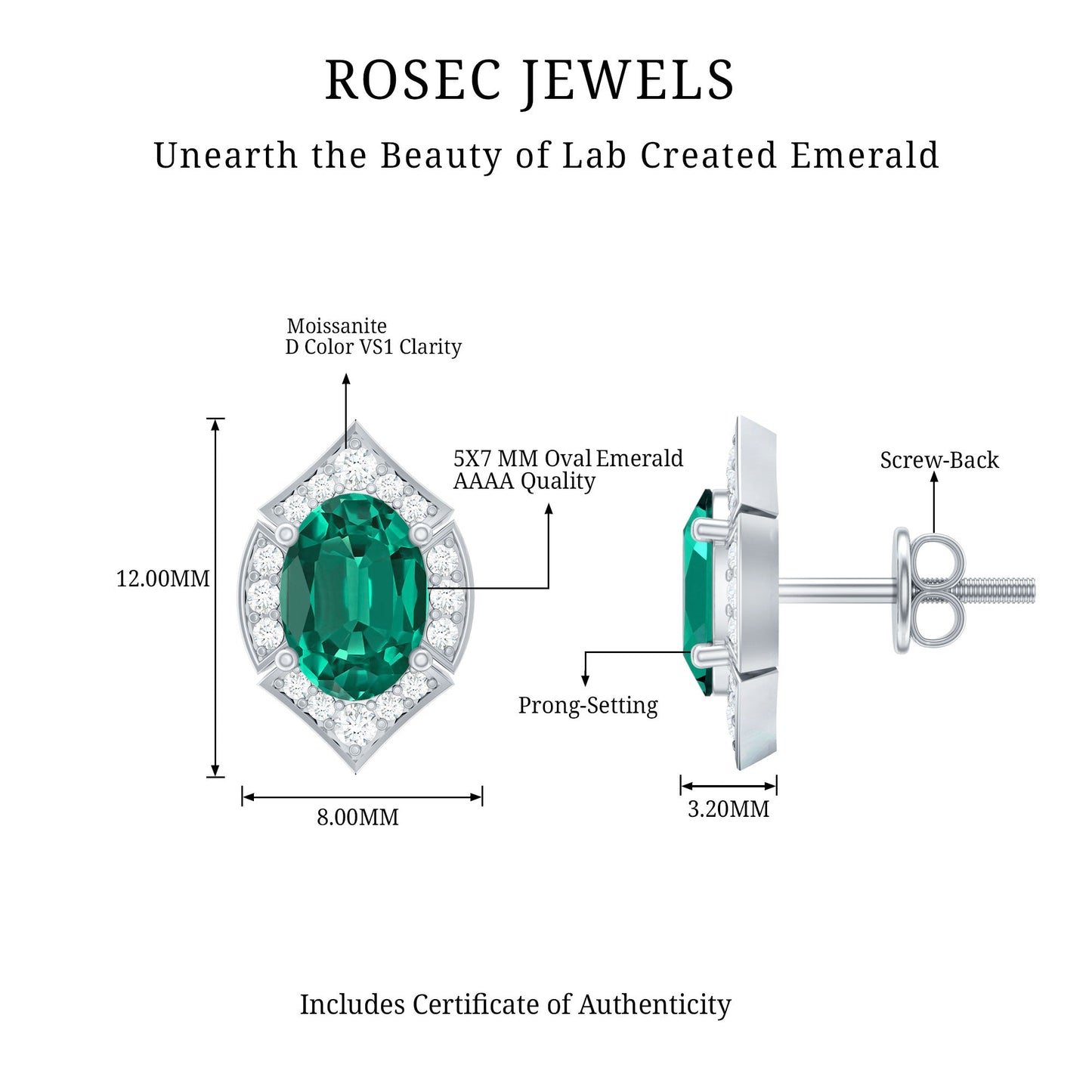 Lab Grown Emerald Statement Stud Earrings Sterling Silver
