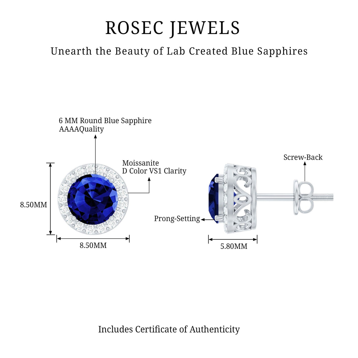 6 MM Round Cut Lab Grown Blue Sapphire Stud Earrings With Moissanite
