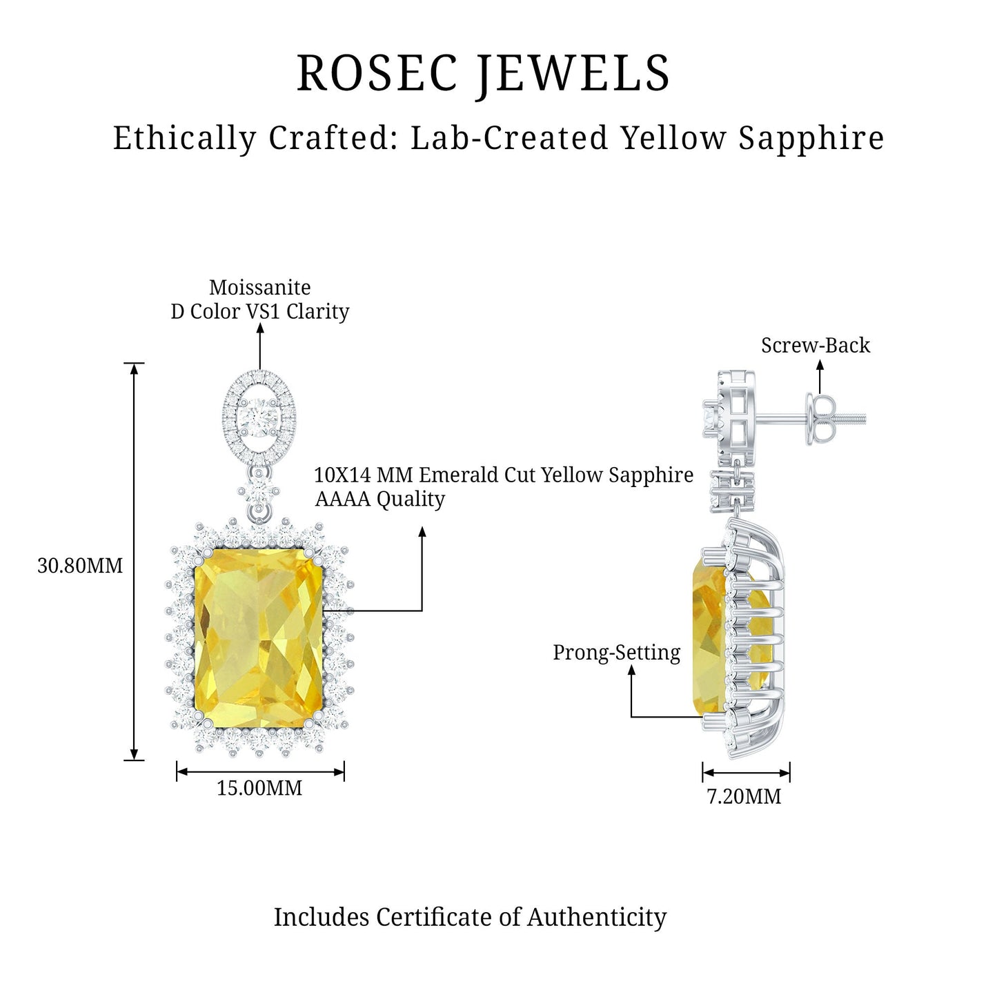 10X14 MM Lab Grown Yellow Sapphire Emerald Cut Earrings in Silver