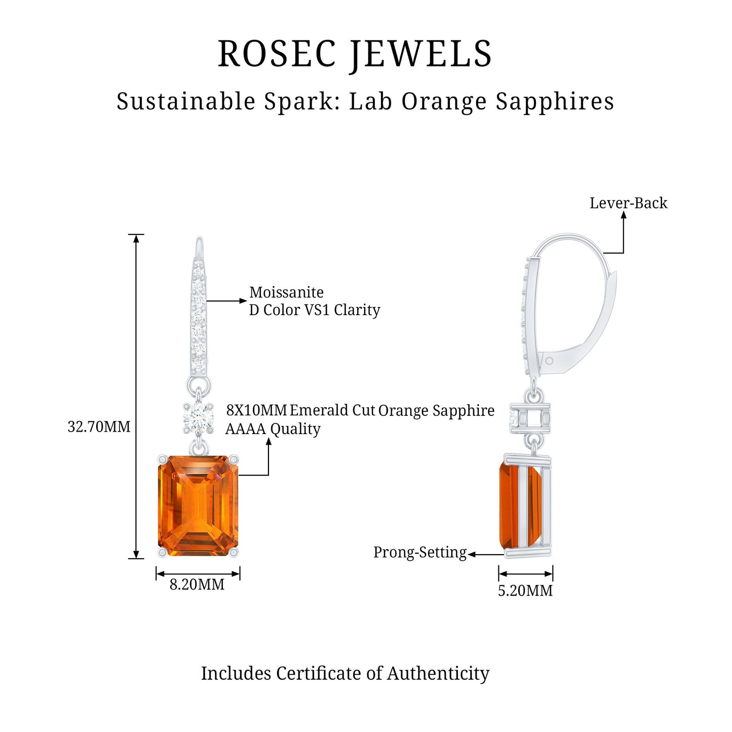 Emerald Cut 8X10 MM Lab Created Orange Sapphire Hoop Drop Earrings