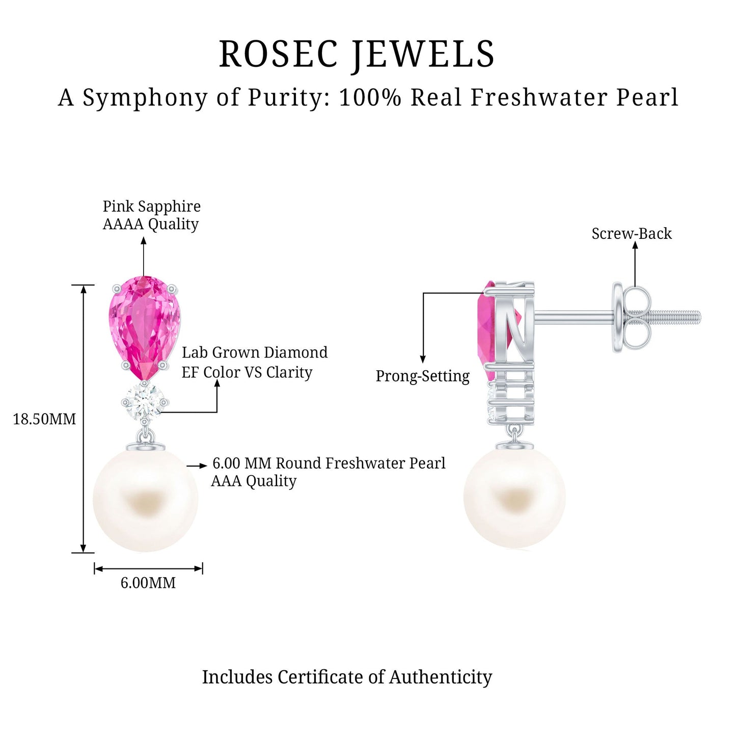 Freshwater Pearl Bridal Drop Earrings with Lab Pink Sapphire