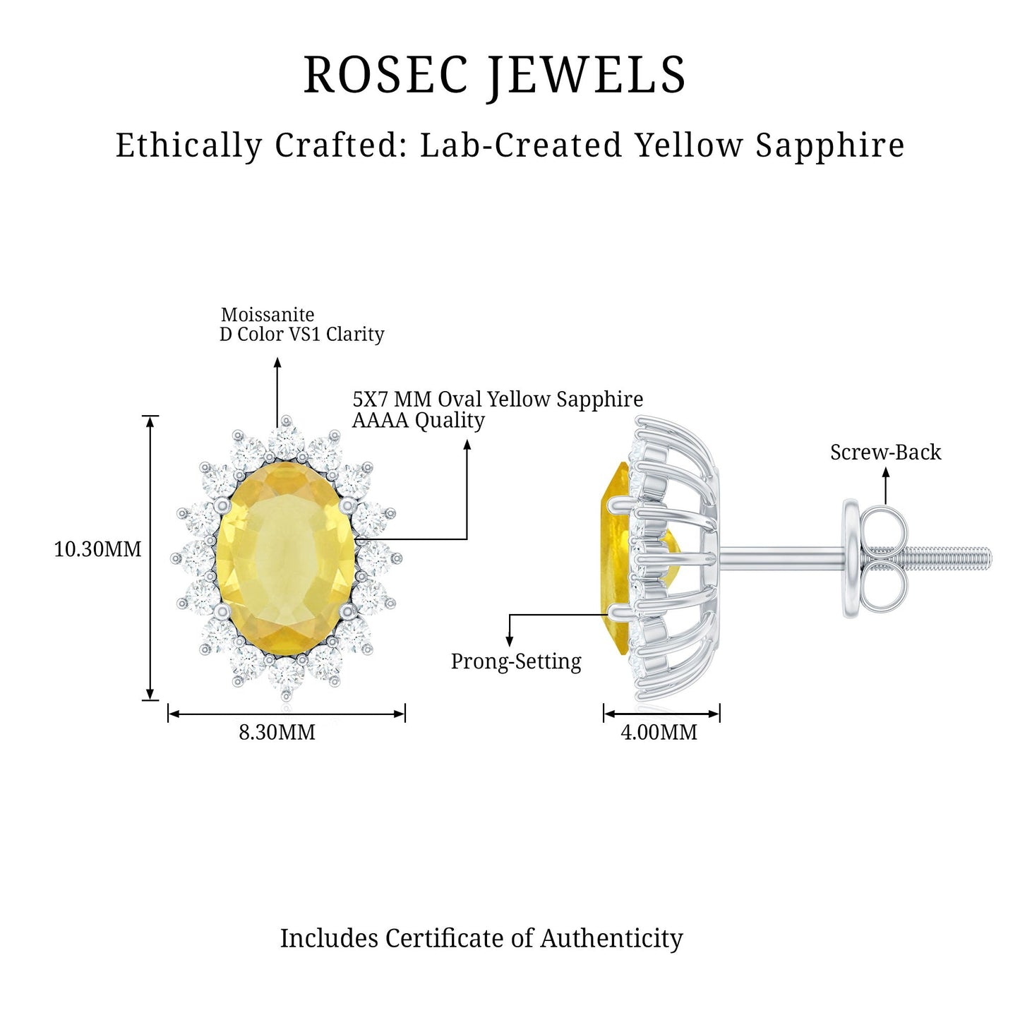Oval Cut Lab Grown Yellow Sapphire and Moissanite Stud Earrings
