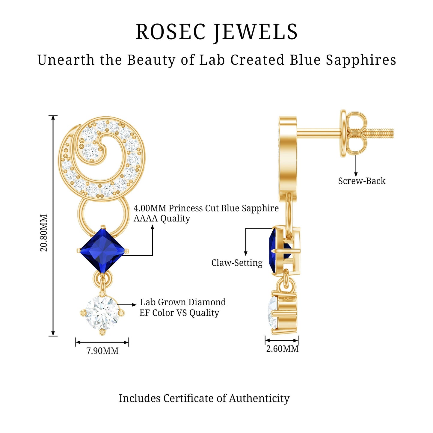 Lab Grown Blue Sapphire and Diamond Wedding Dangle Earrings