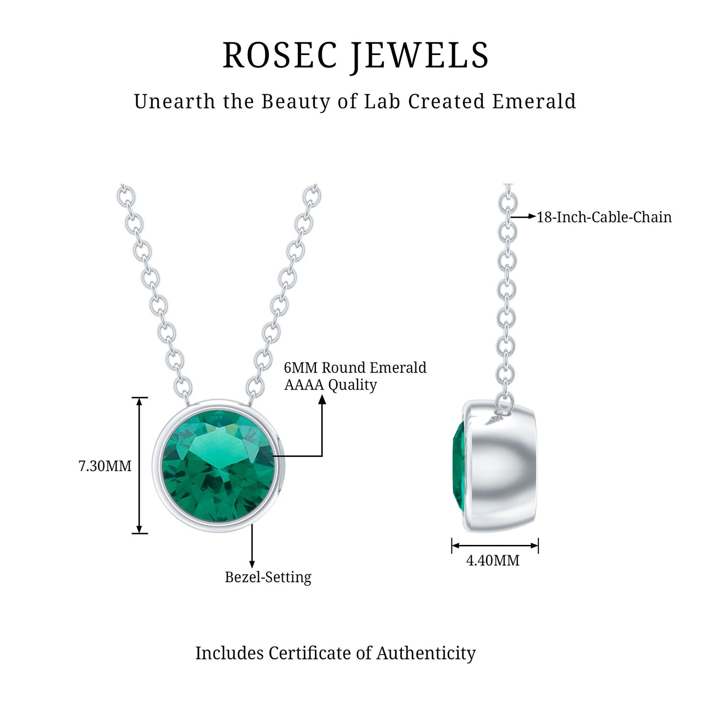 Bezel Set Lab Grown Emerald Sterling Silver Solitaire Necklace