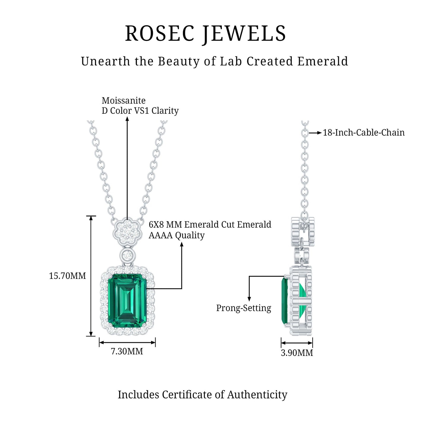 Certified Lab Grown Emerald Vintage Bridal Necklace with Silver Chain