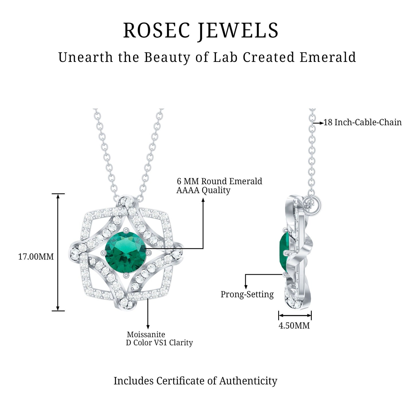 Certified Lab Grown Emerald Interlock Necklace With Silver Chain