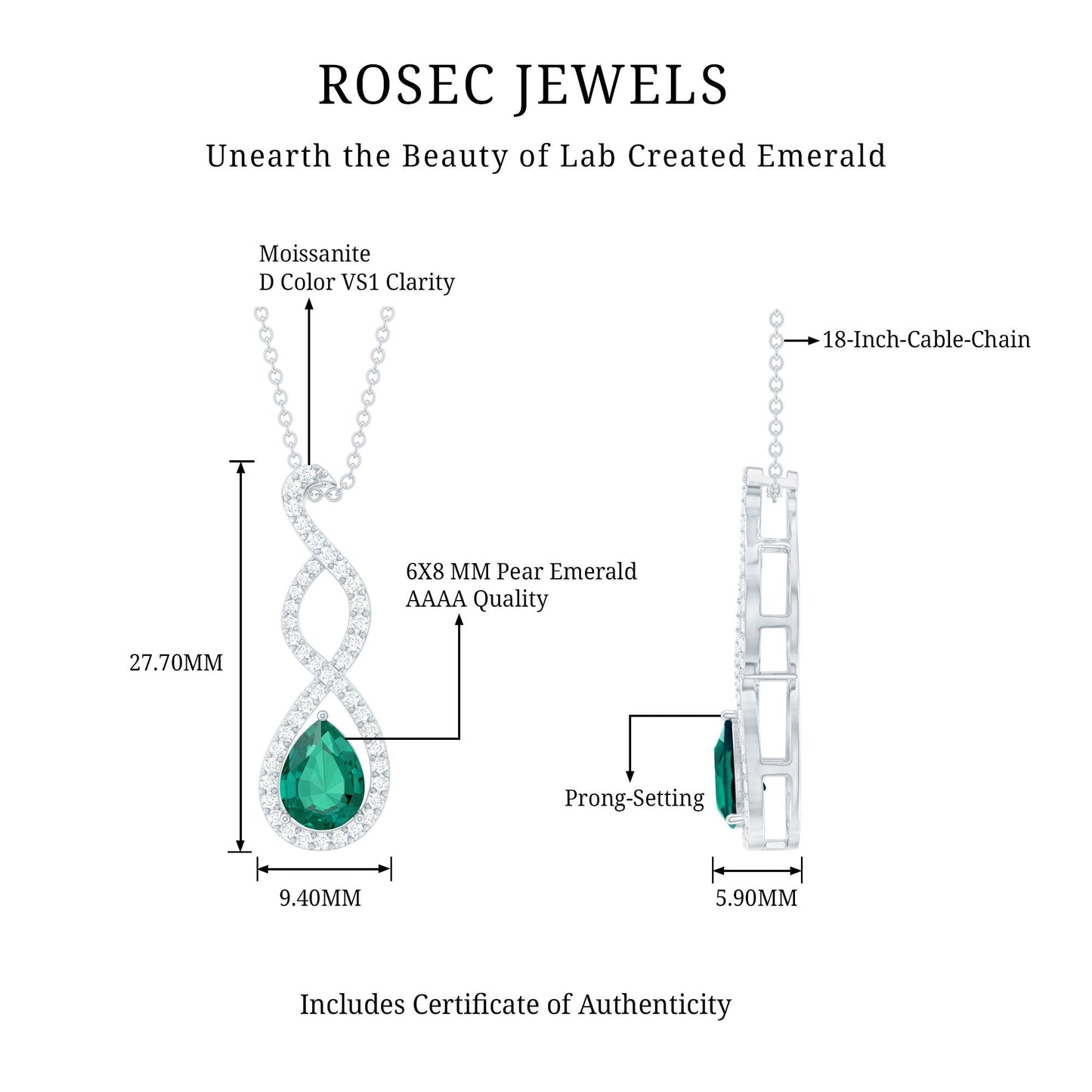 Lab Created 6X8 MM Emerald Infinity Necklace with Silver Chain
