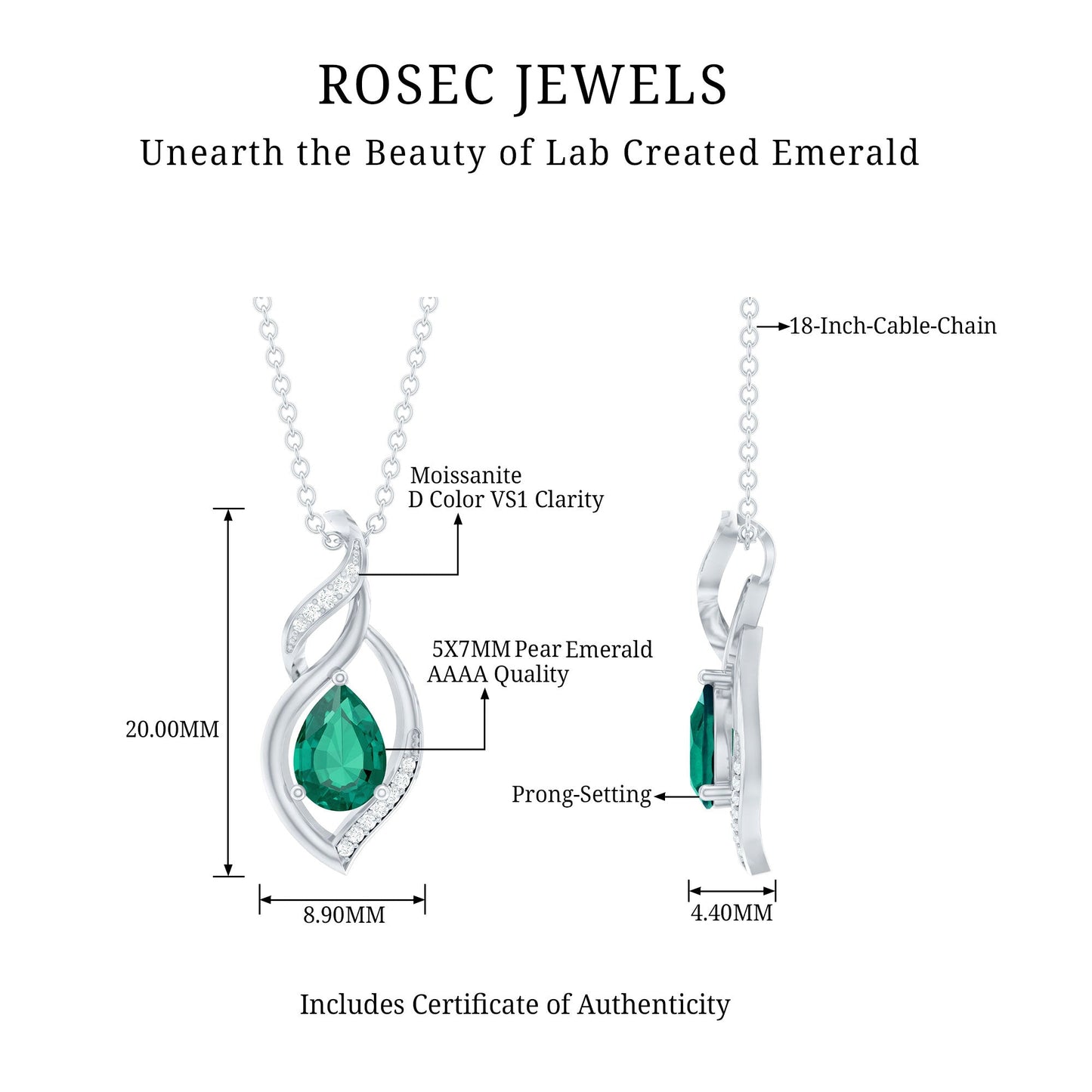 Nature Inspired Lab Emerald Designer Necklace with Silver Chain