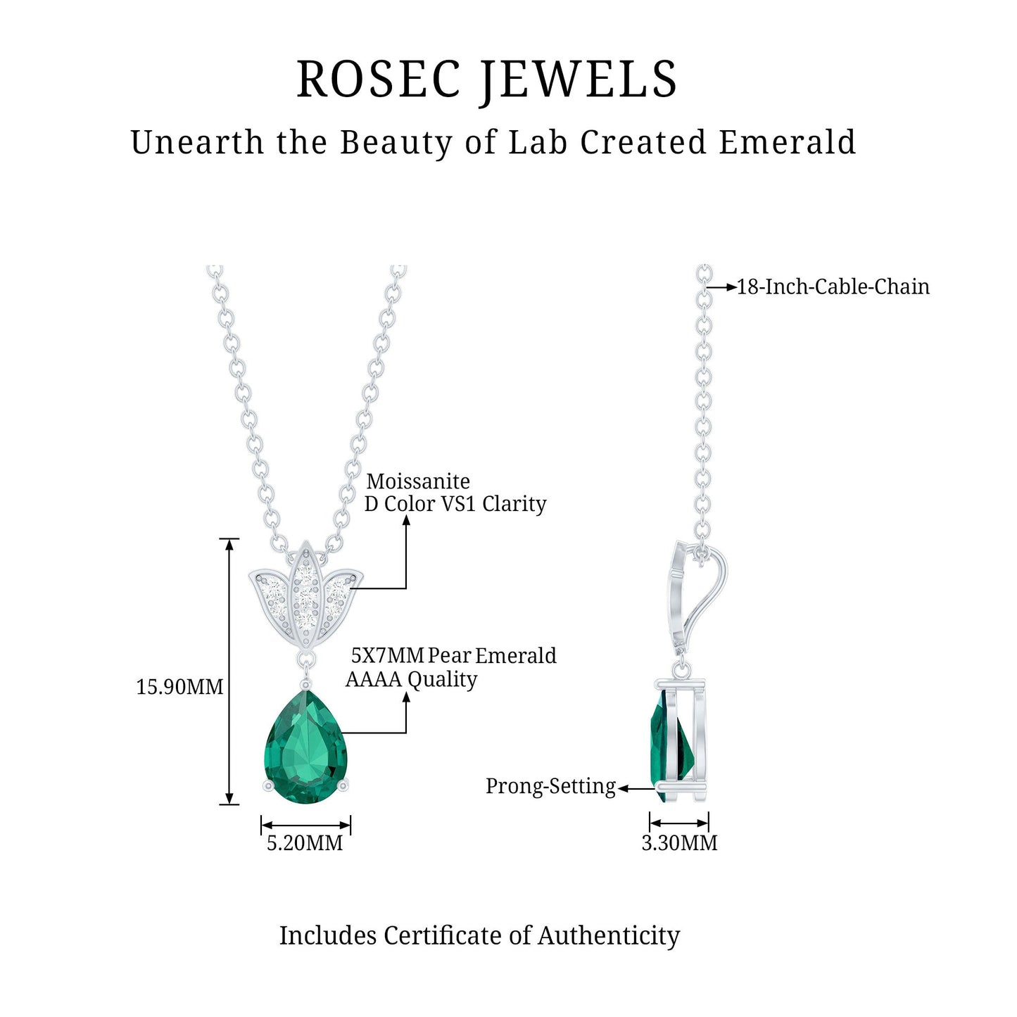 Emerald Lotus Flower Necklace with Silver Chain