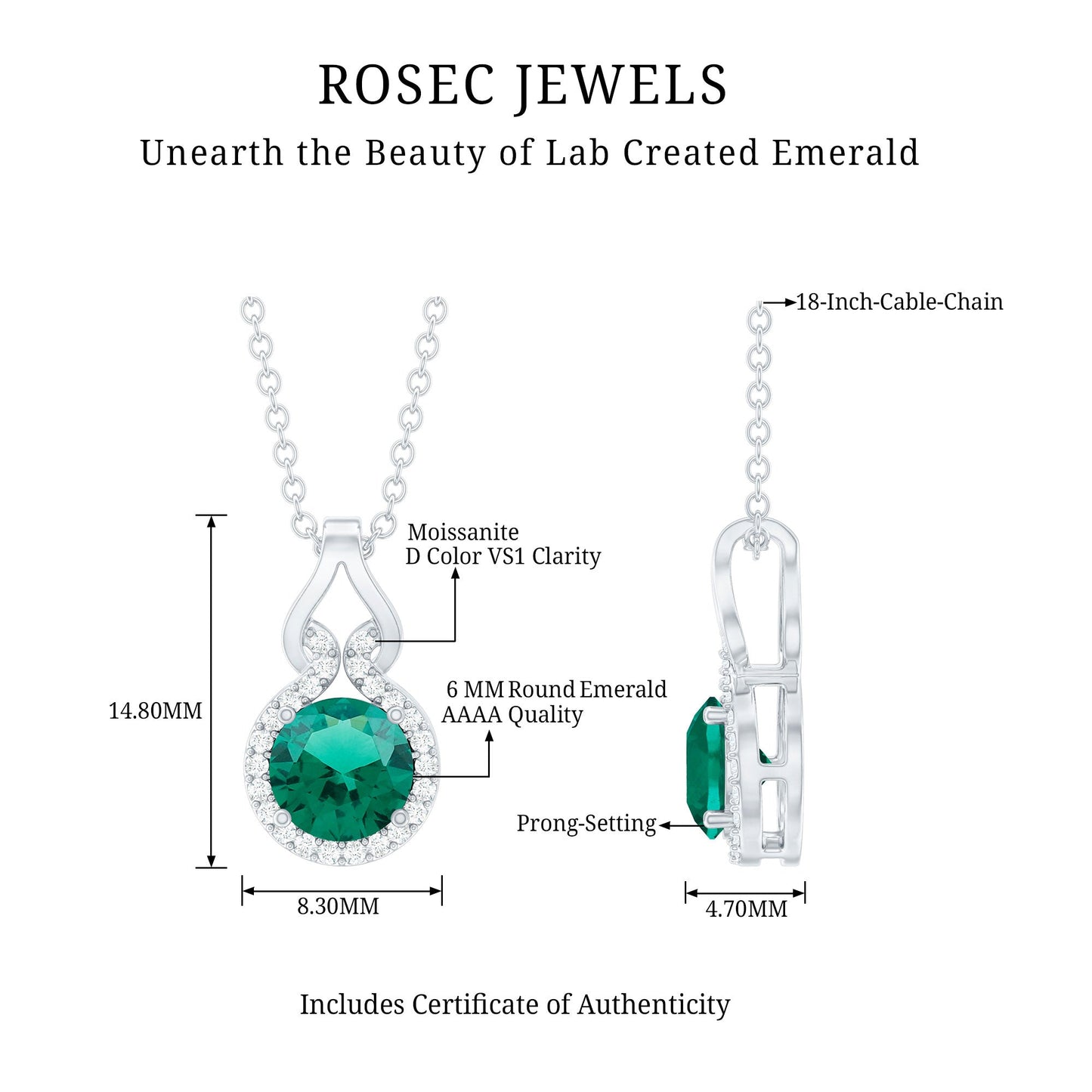 Certified 6 MM Round Lab Emerald Halo Necklace for Women