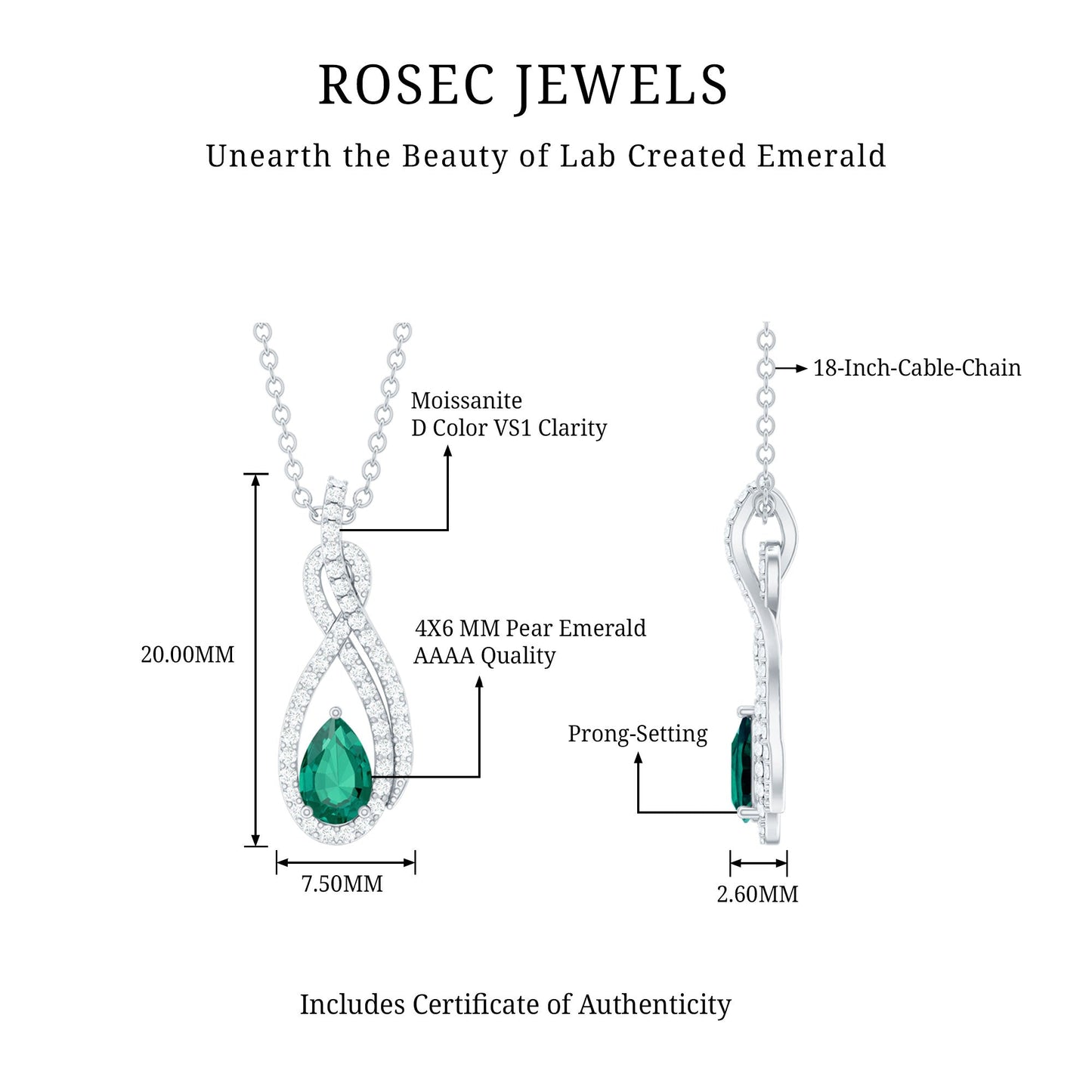 Lab Grown Emerald Infinity Designer Necklace with Silver Chain