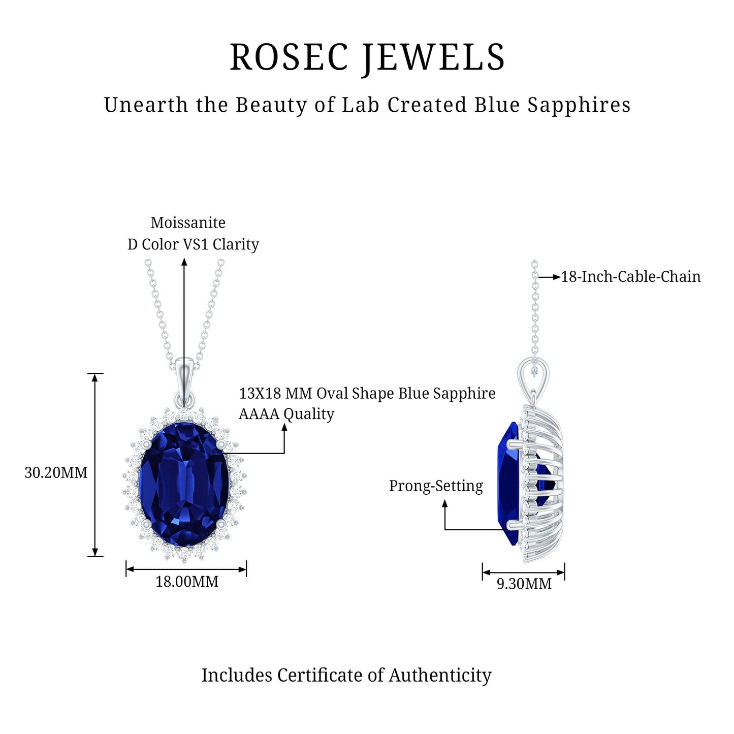 13X18 MM Lab Grown Blue Sapphire Bridal Necklace With Silver Chain