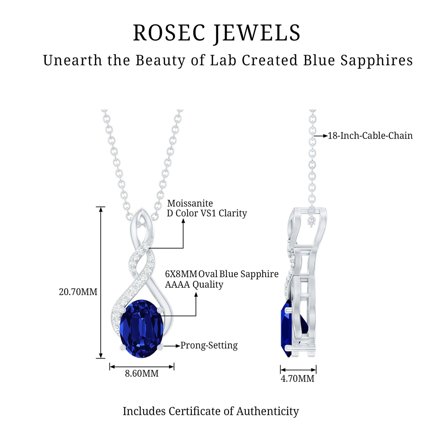 Lab Grown Blue Sapphire Moissanite Knot Pendant Necklace With Silver Chain