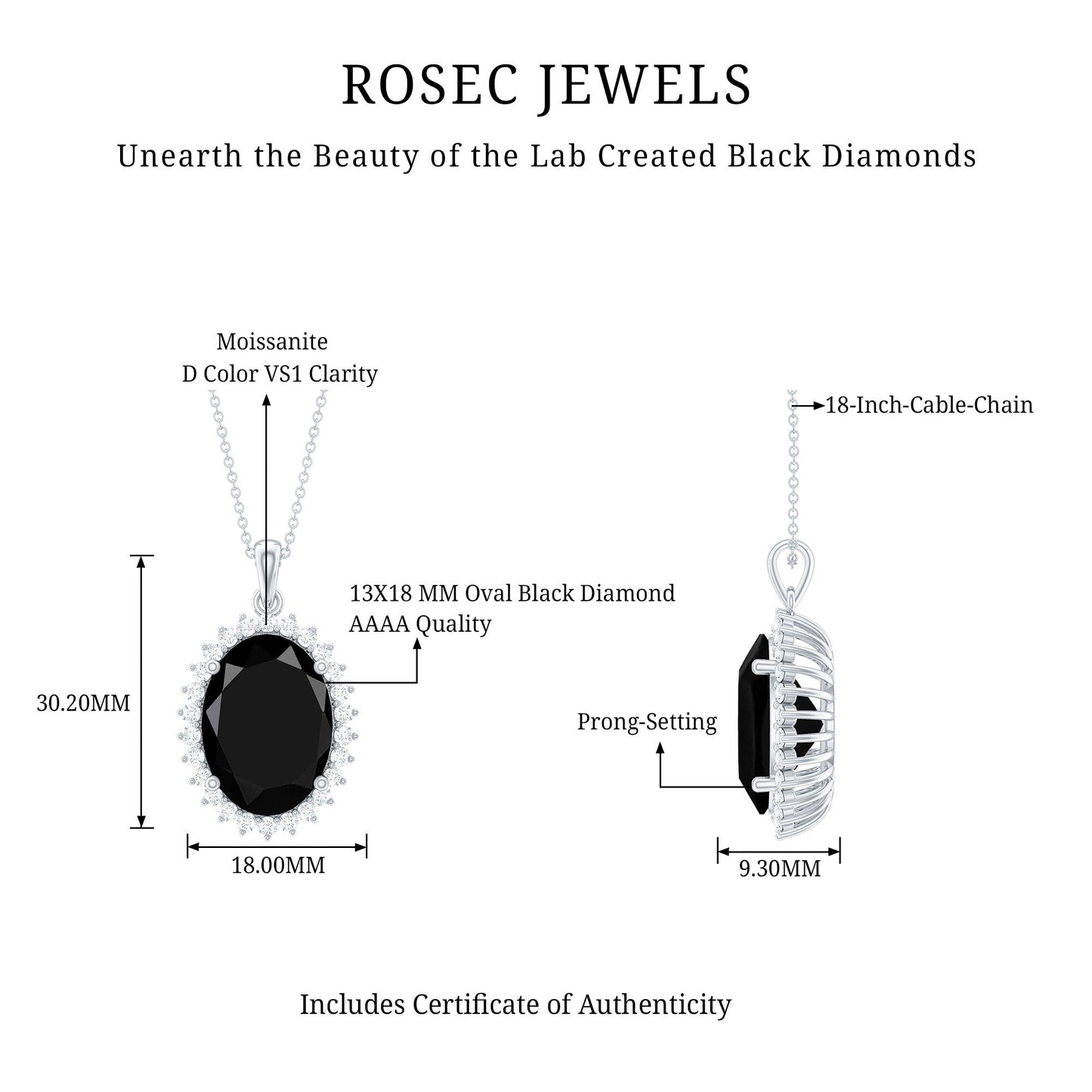 13X18mm Oval Lab Grown Black Diamond Cocktail Necklace With Silver Chain