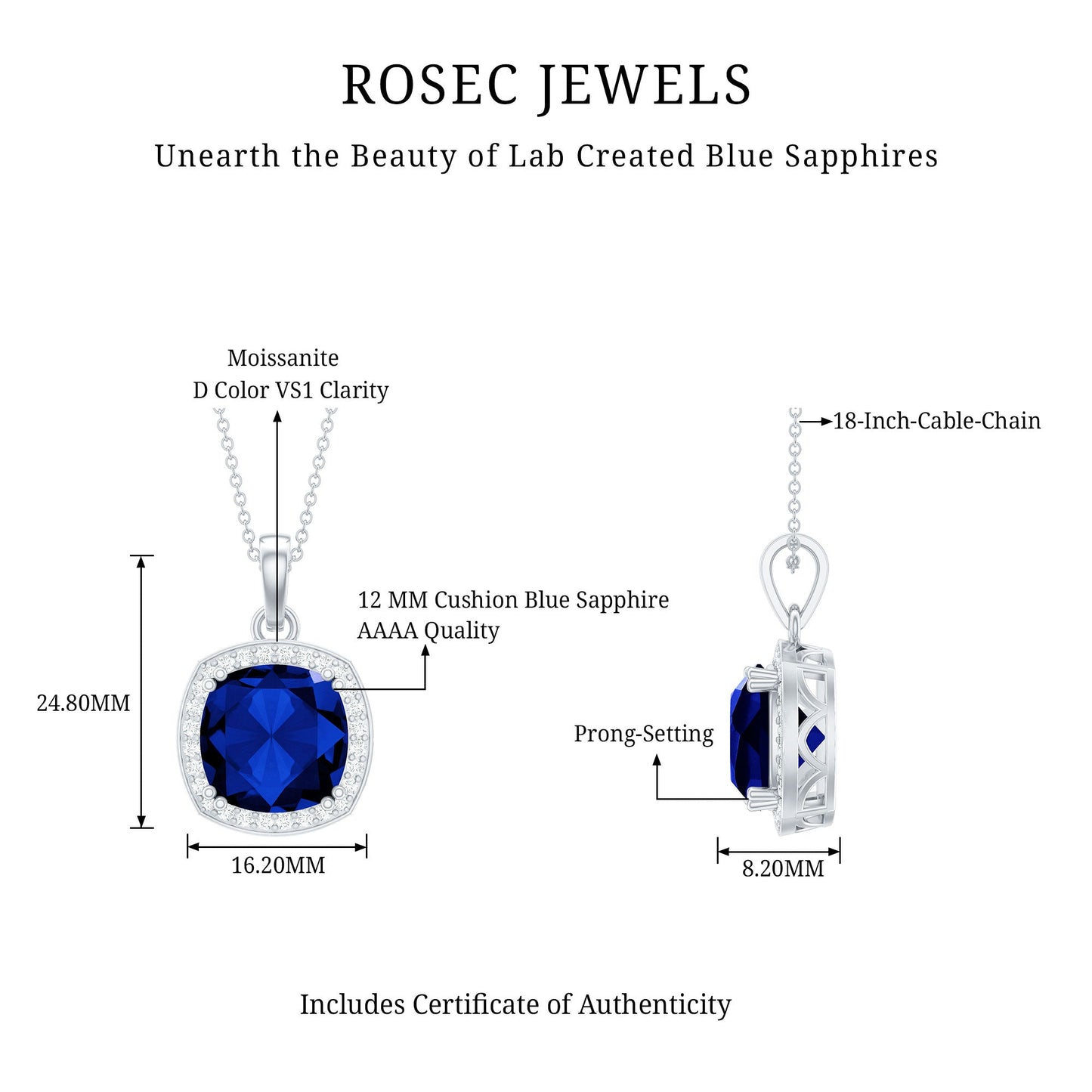 12 MM Cushion Cut Lab Created Blue Sapphire Moissanite Halo Necklace