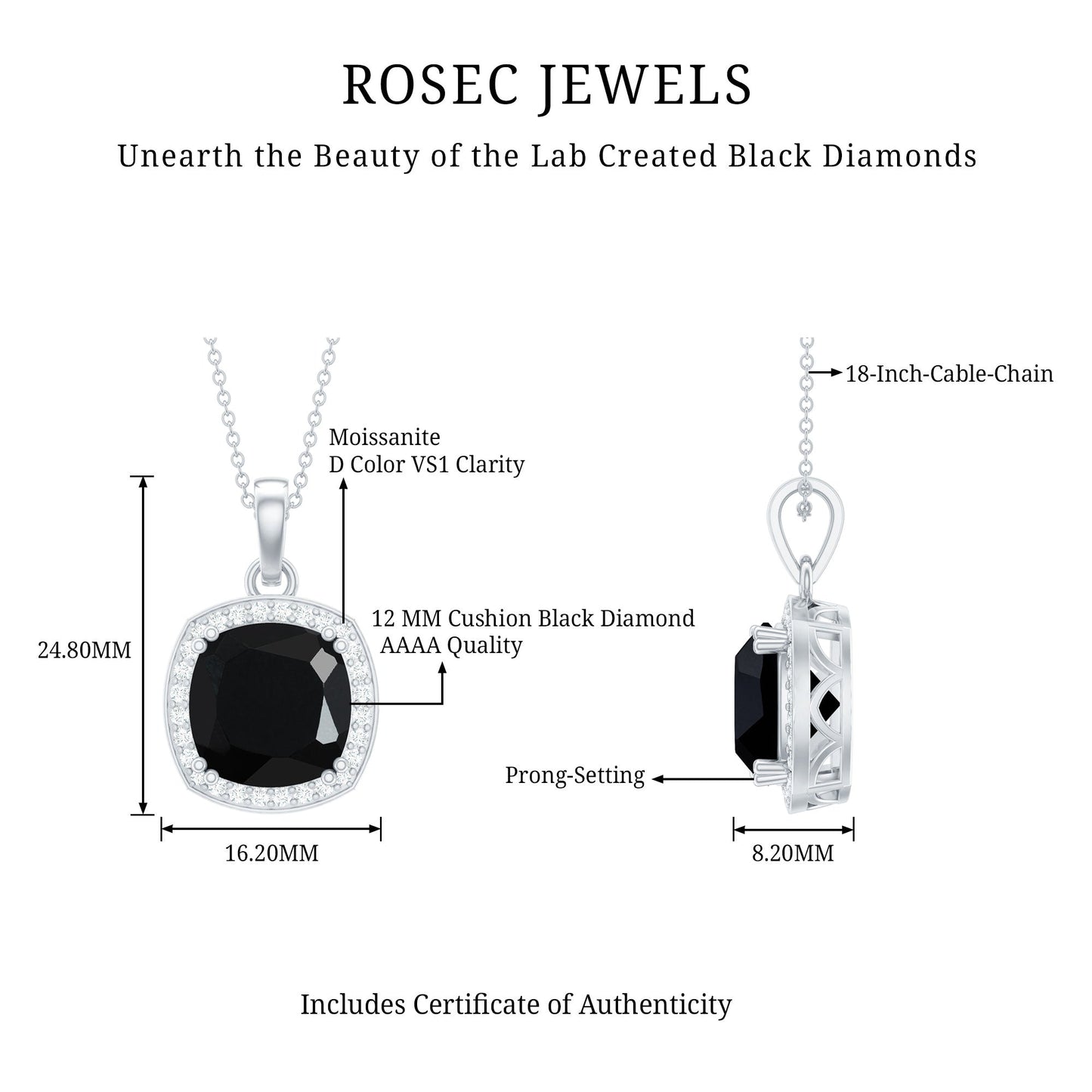 12 MM Cushion Cut Lab Grown Black Diamond Halo Necklace With Silver Chain