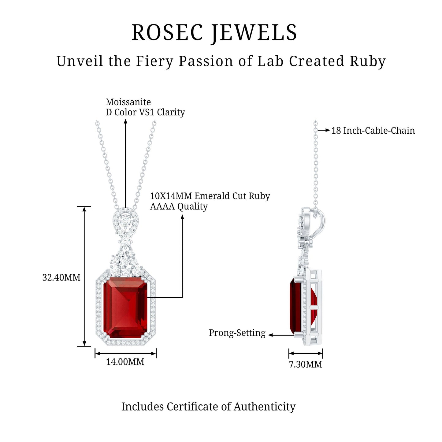 Certified 10X14 MM Lab Grown Ruby Vintage Necklace With Silver Chain
