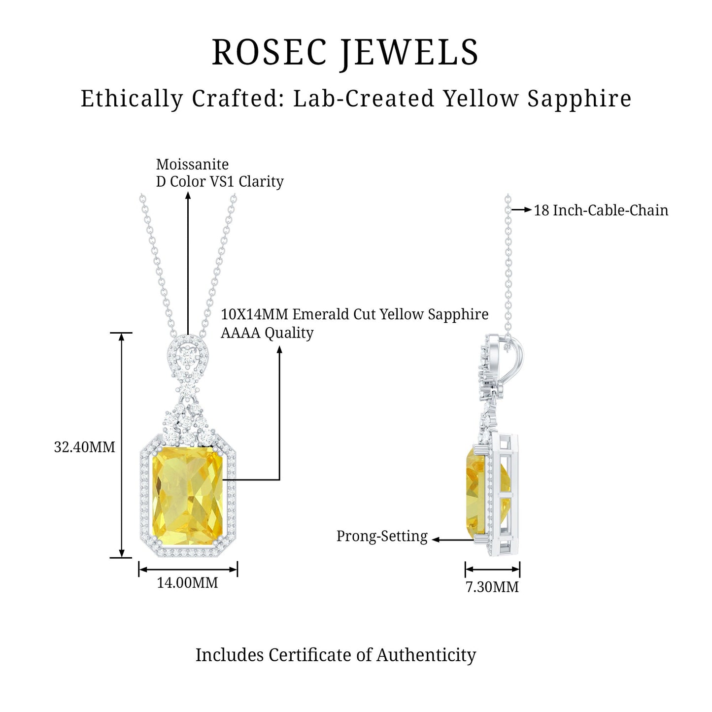 Certified 10X14 MM Lab Grown Yellow Sapphire Art Deco Necklace