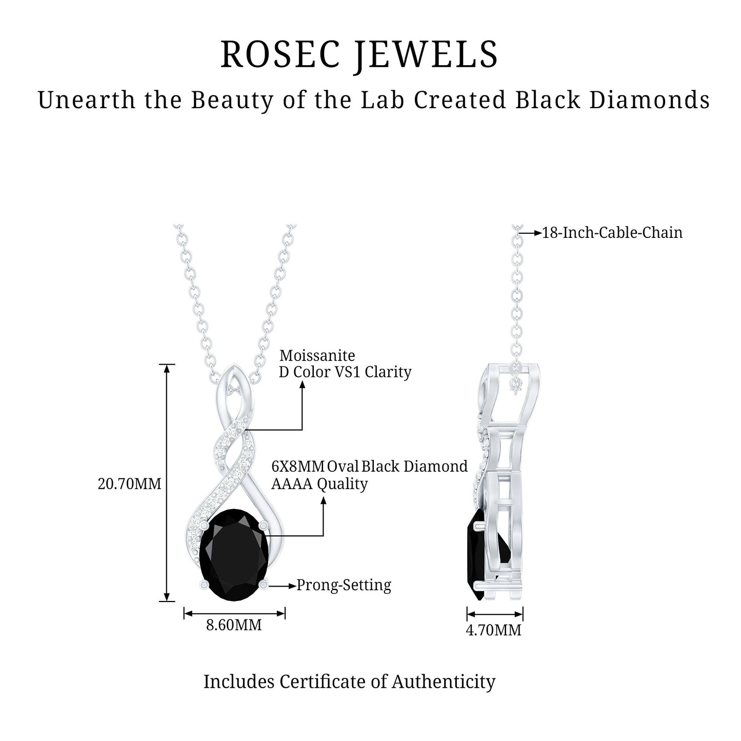 Lab Grown Black Diamond Moissanite Love Knot Pendant Necklace
