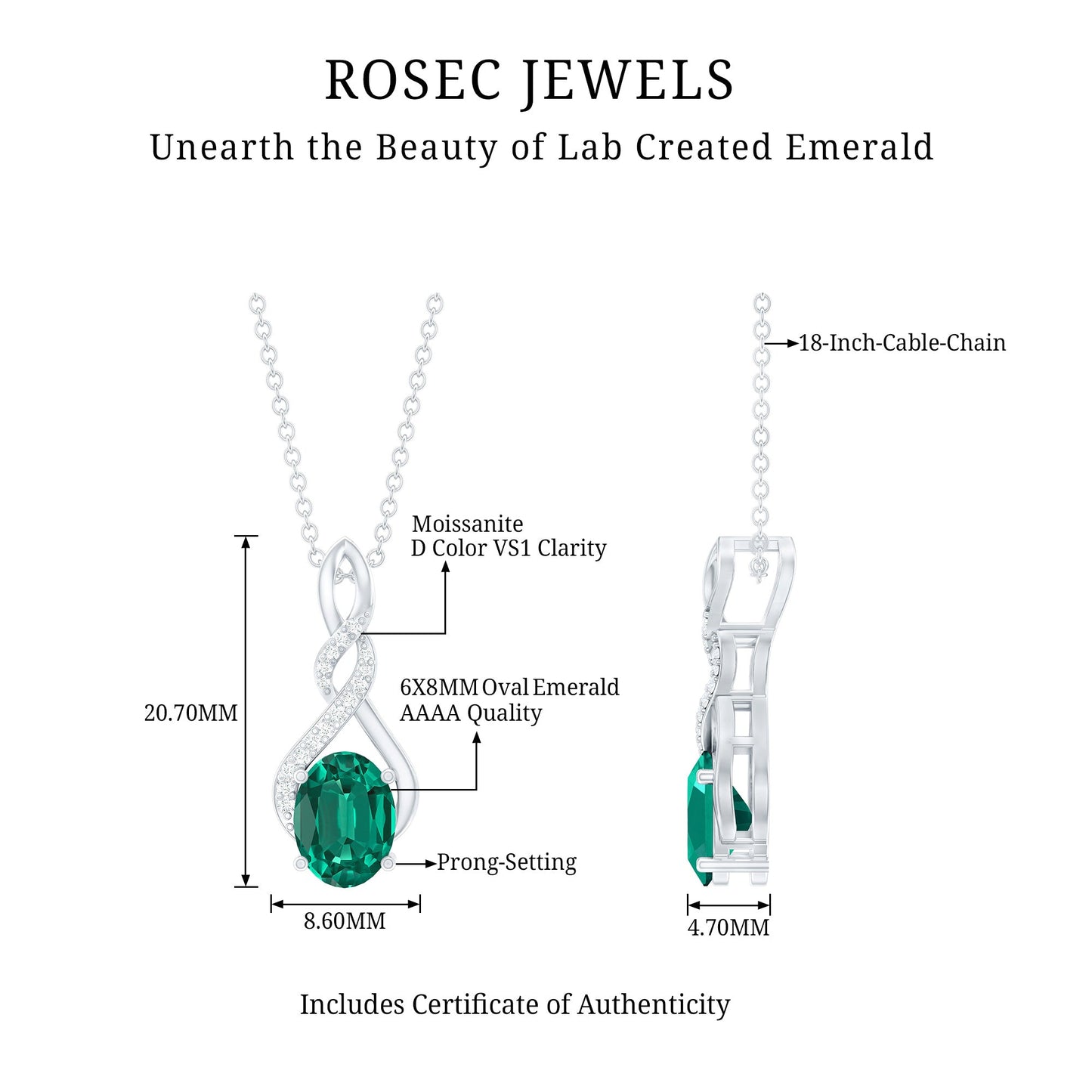 Lab Grown Emerald Moissanite Infinity Pendant Necklace With Silver Chain
