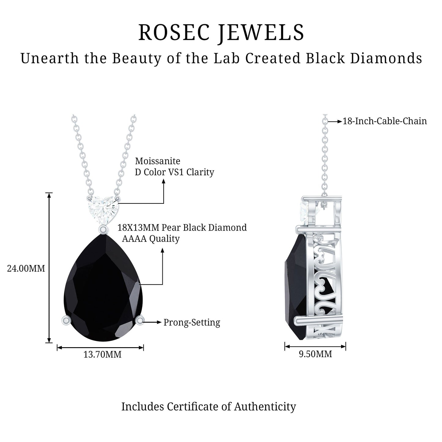 Certified 18X13 MM Lab Grown Black Diamond Cocktail Necklace With Silver Chain