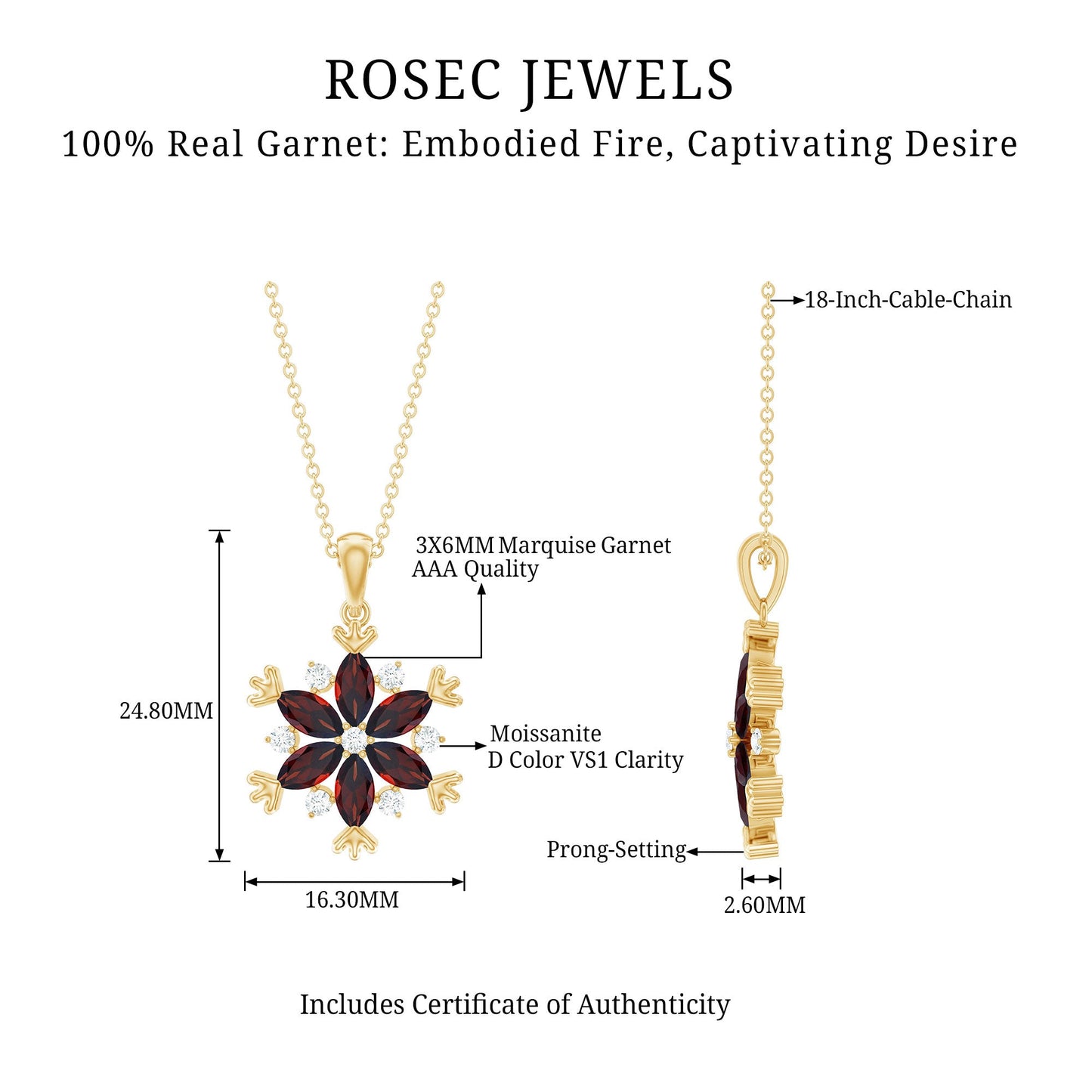 Real Garnet Flower Necklace Yellow Gold Plated Silver Pendant for Women