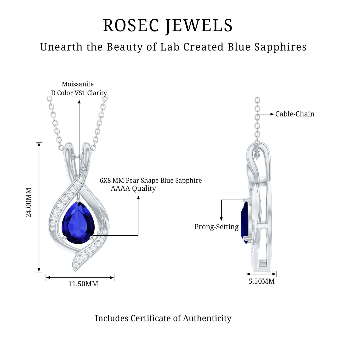 Lab Grown 6X8 MM Blue Sapphire Teardrop Pendant with Moissanite