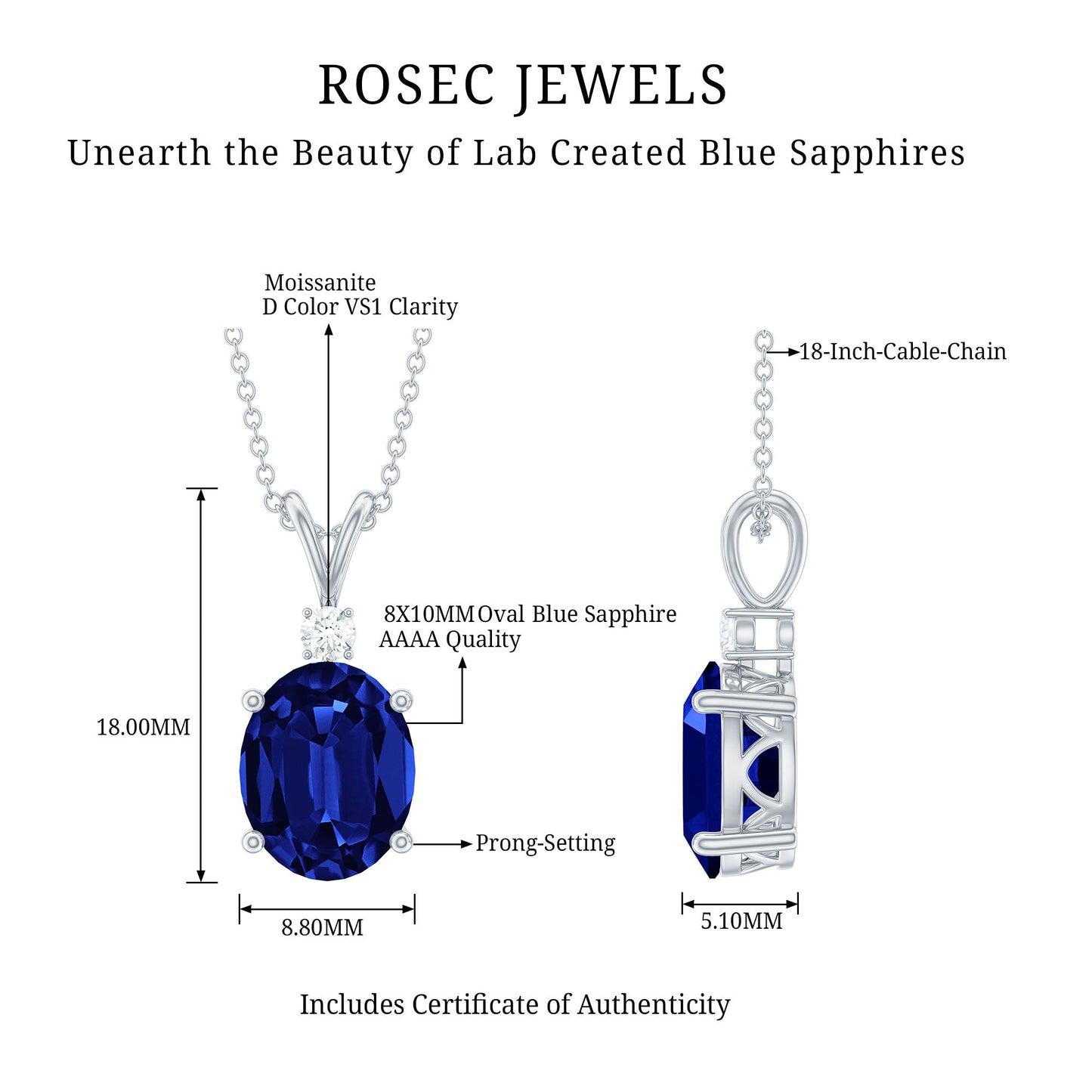 Lab Created Blue Sapphire Oval Cut Solitaire Pendant with Silver Chain