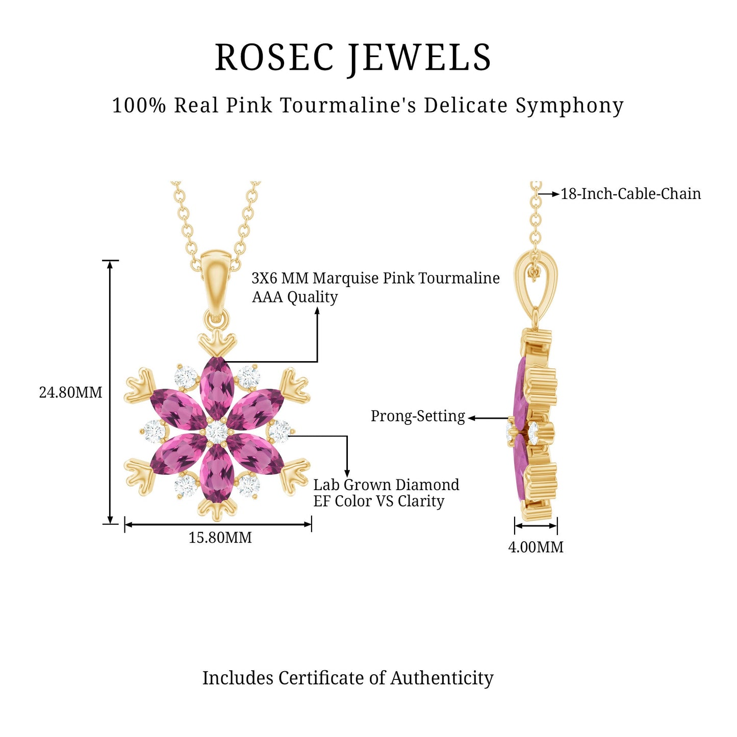 Certified Pink Tourmaline Flower Pendant Necklace with Silver Chain