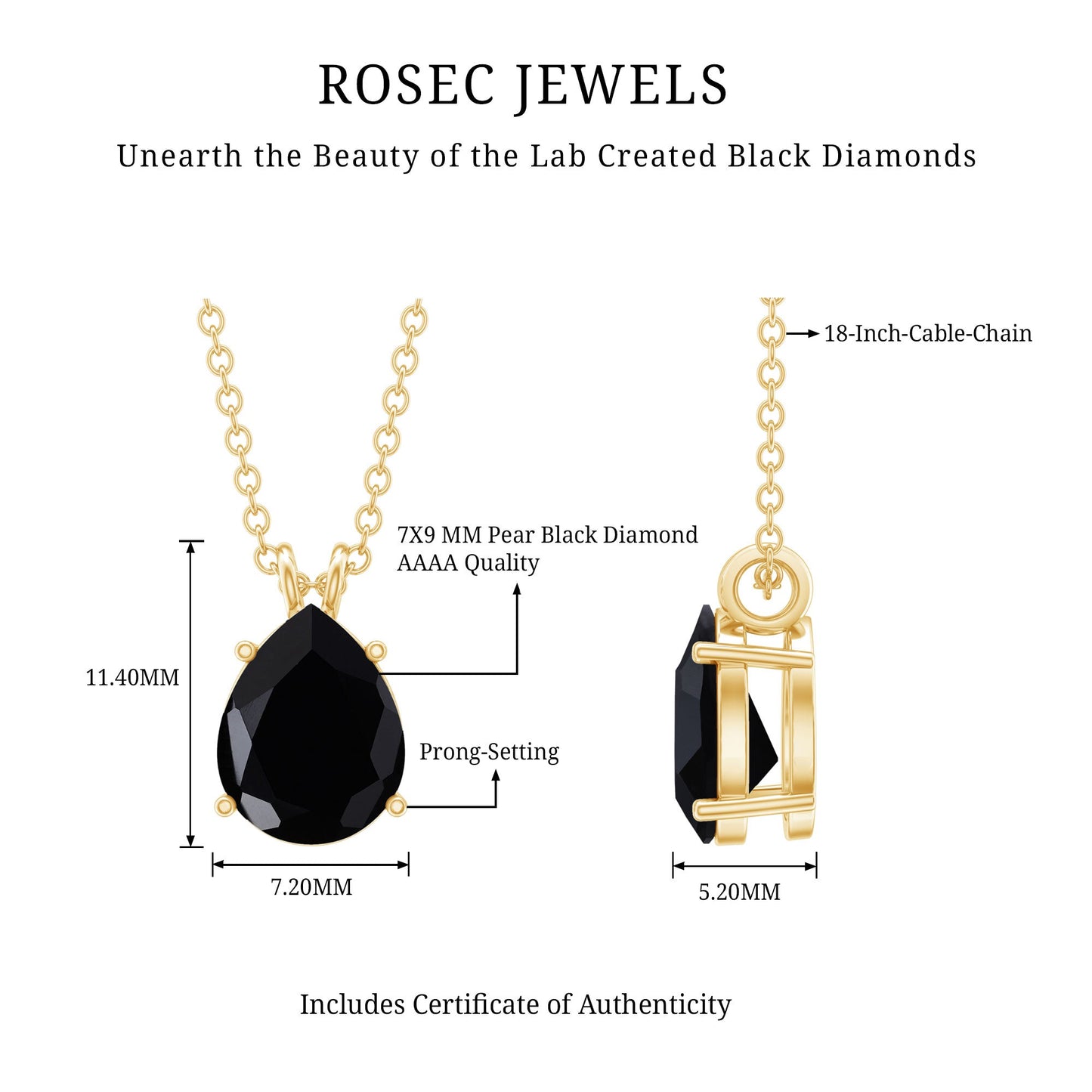 Pear Shaped Lab Created Black Diamond Solitaire Necklace with Chain