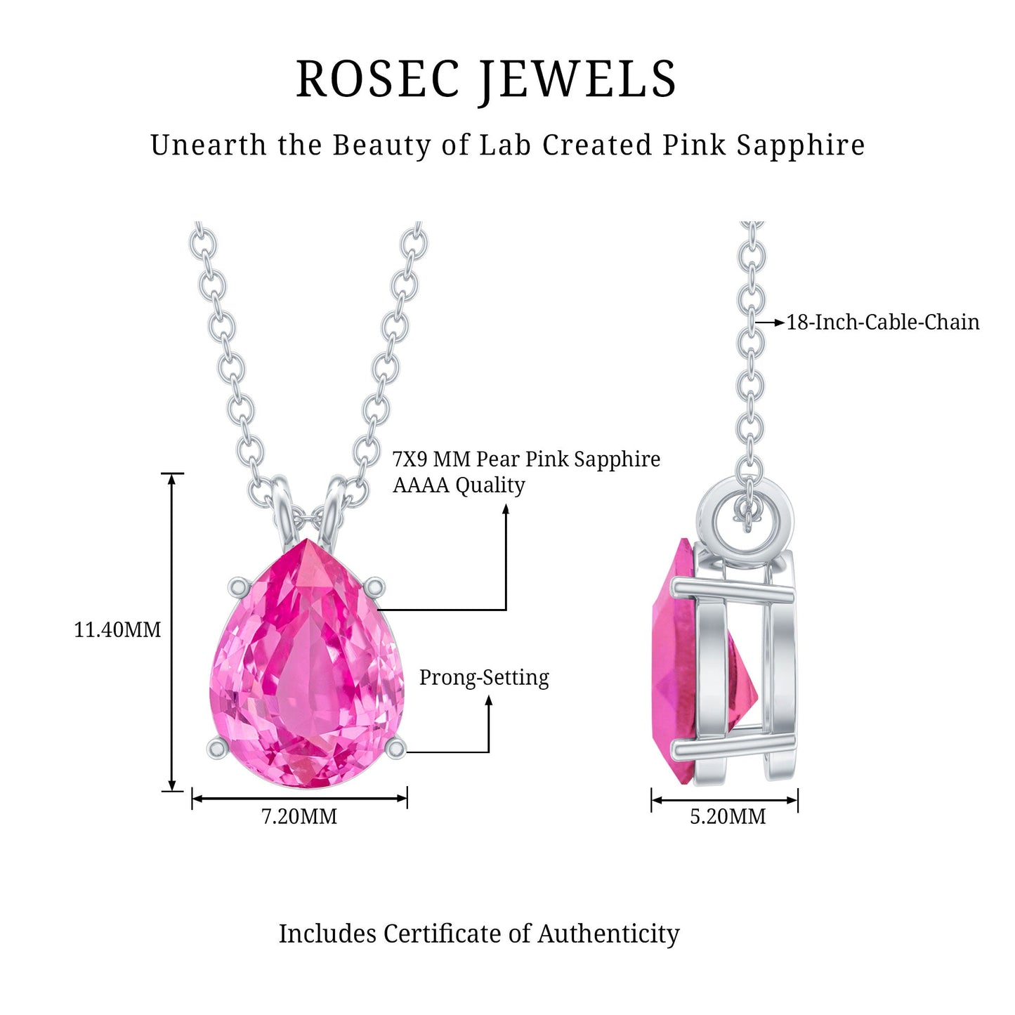 Pear Shaped Lab Created Pink Sapphire Solitaire Pendant Necklace