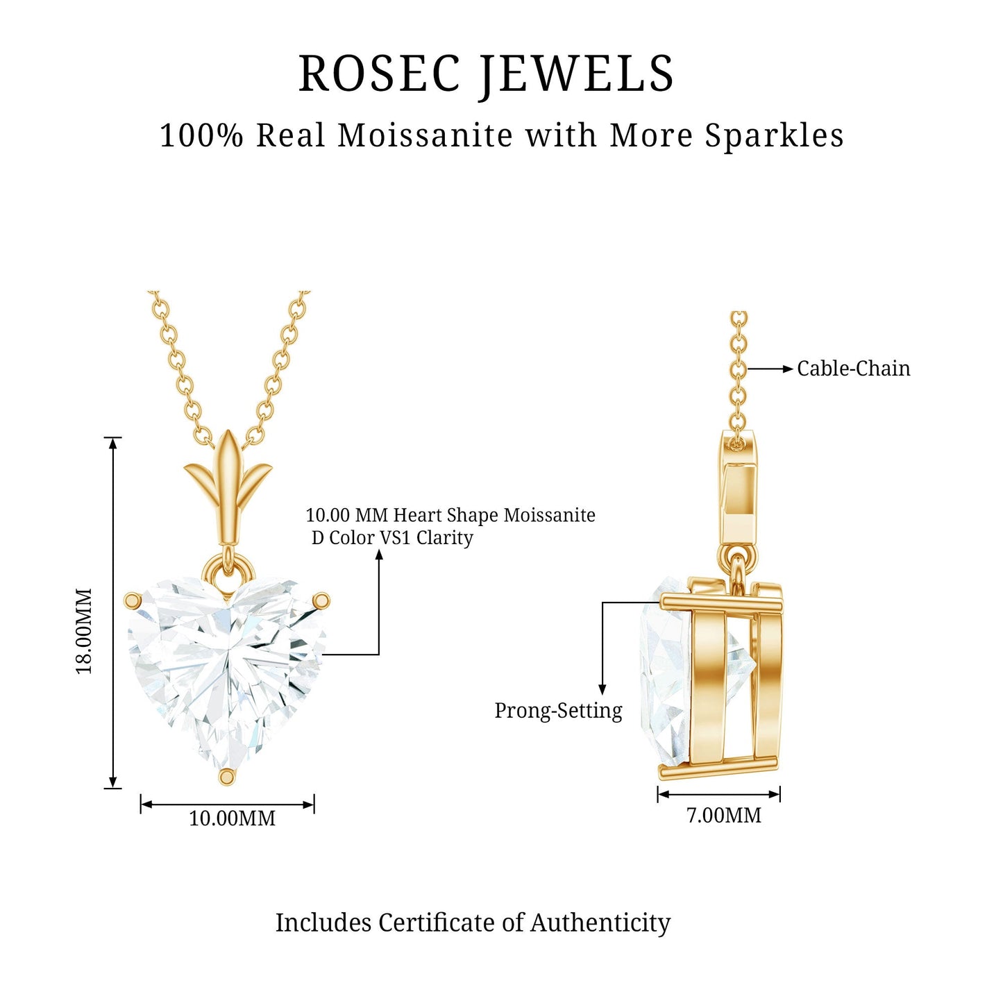 Certified 10 MM Moissanite Solitaire Heart Necklace for Her