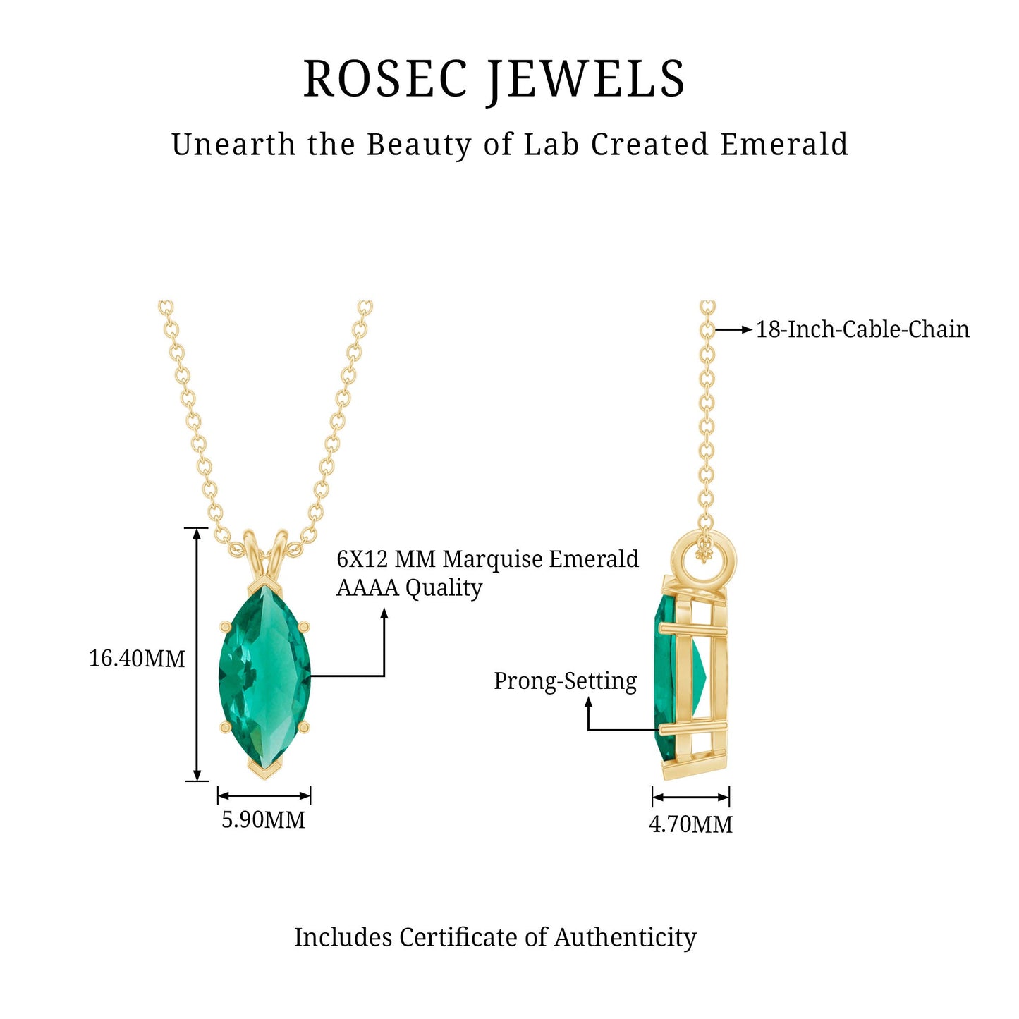 Marquise Cut 6X12 MM Lab Grown Emerald Chain Necklace