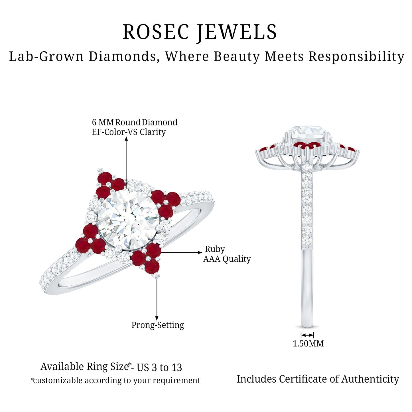 Certified Lab Grown Diamond Halo Engagement Ring with Ruby