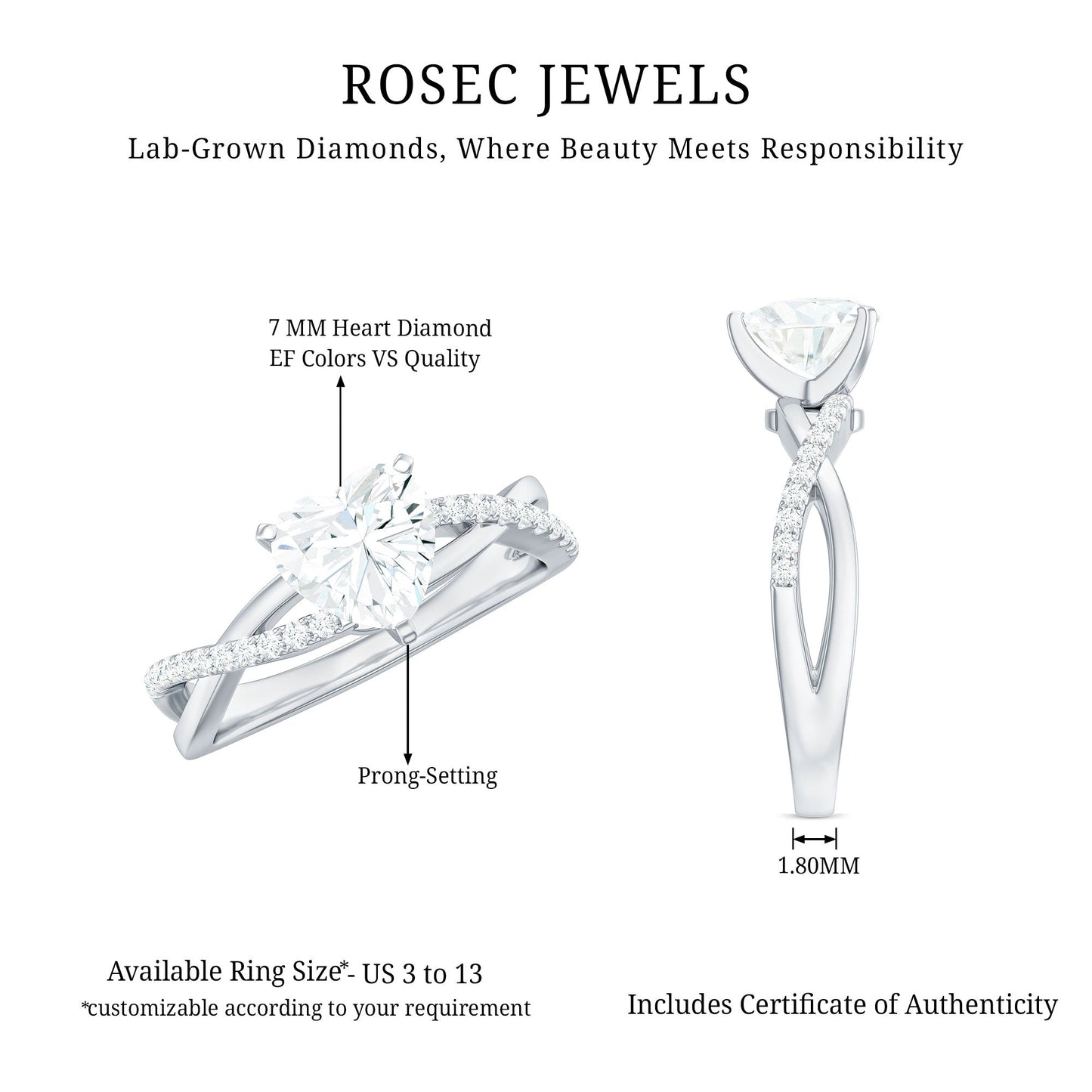 Criss Cross Lab Grown Diamond Heart Engagement Ring