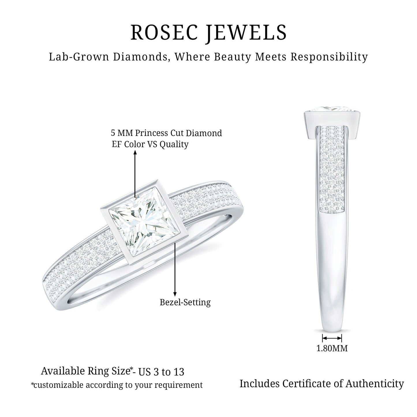 Princess Cut Lab Grown Diamond Bezel Set Engagement Ring
