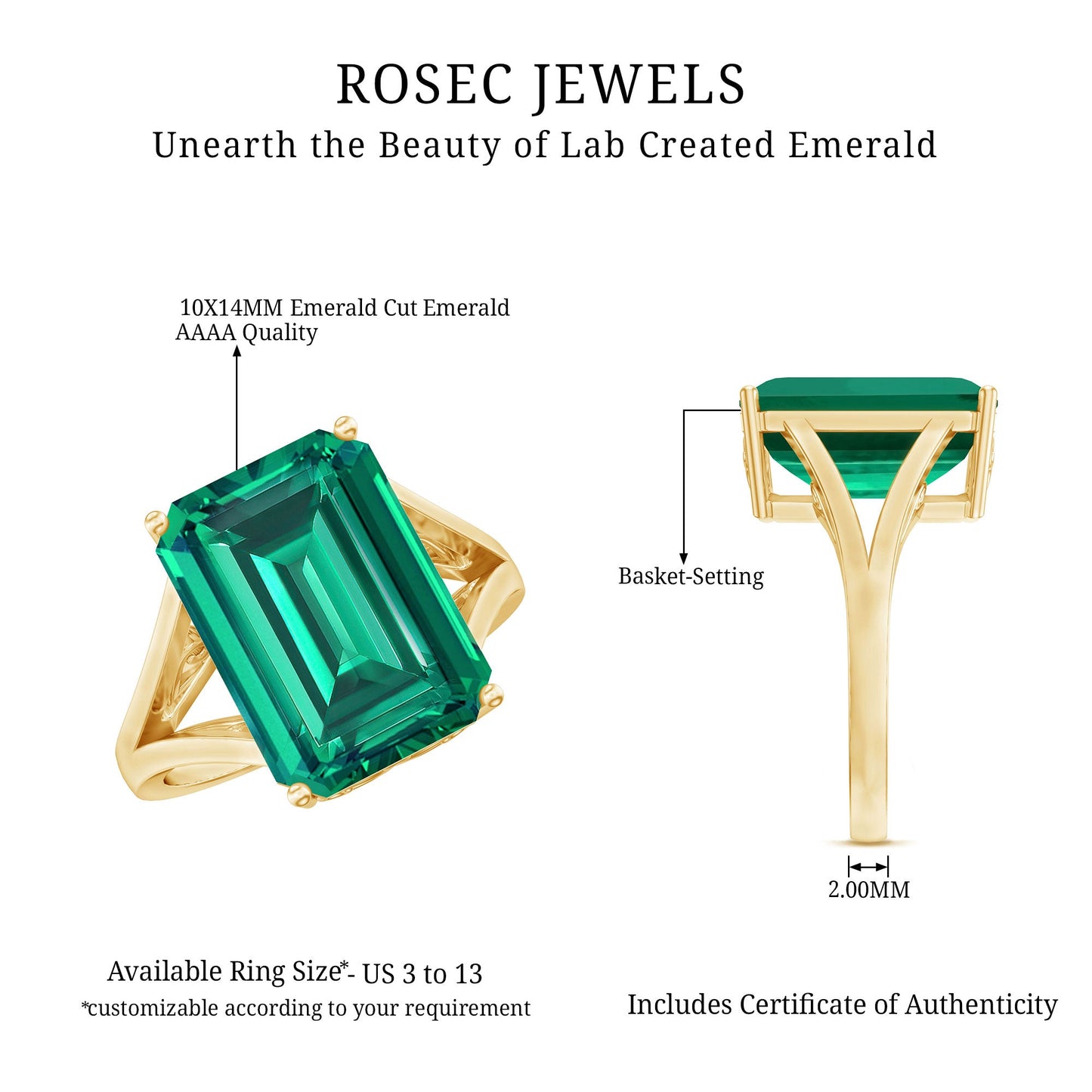 Lab Emerald 10X14mm Emerald Cut Engagement Ring in Yellow Gold Plated Silver