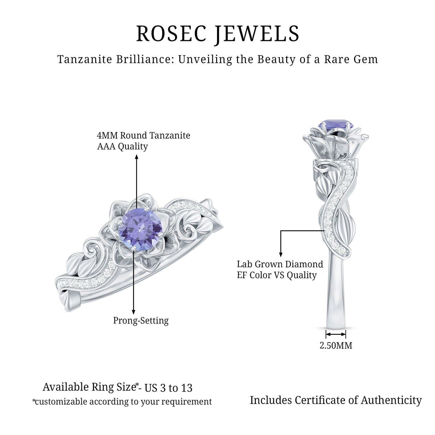 Certified Tanzanite and Diamond Flower Engagement Ring in Silver