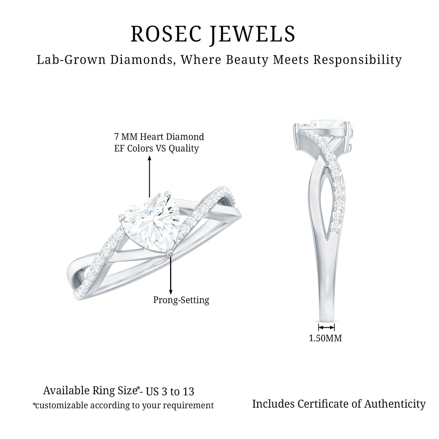 Lab Created Diamond Heart Crossover Engagement Ring