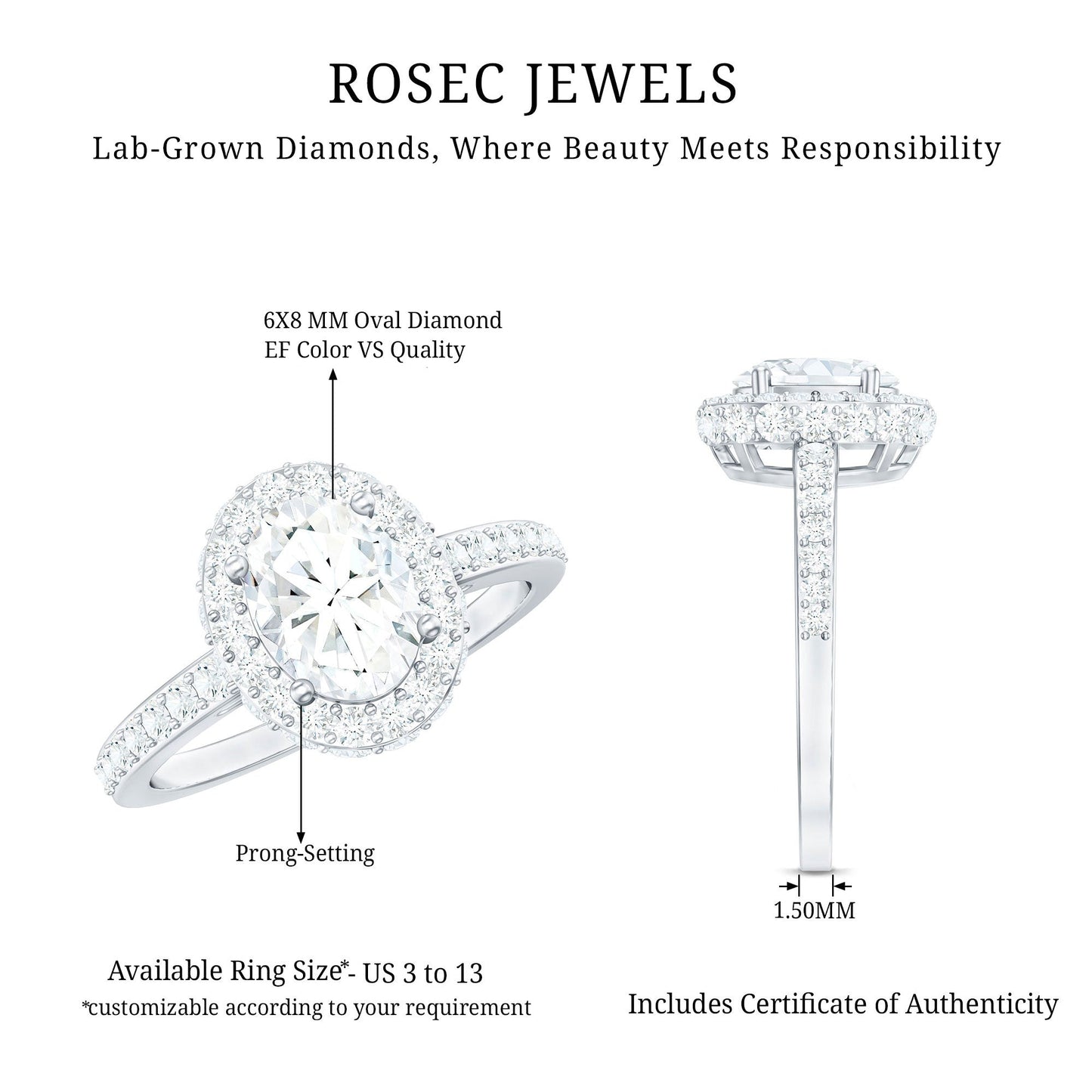 Certified 6X8 mm Lab Grown Diamond Oval Shape Engagement Ring