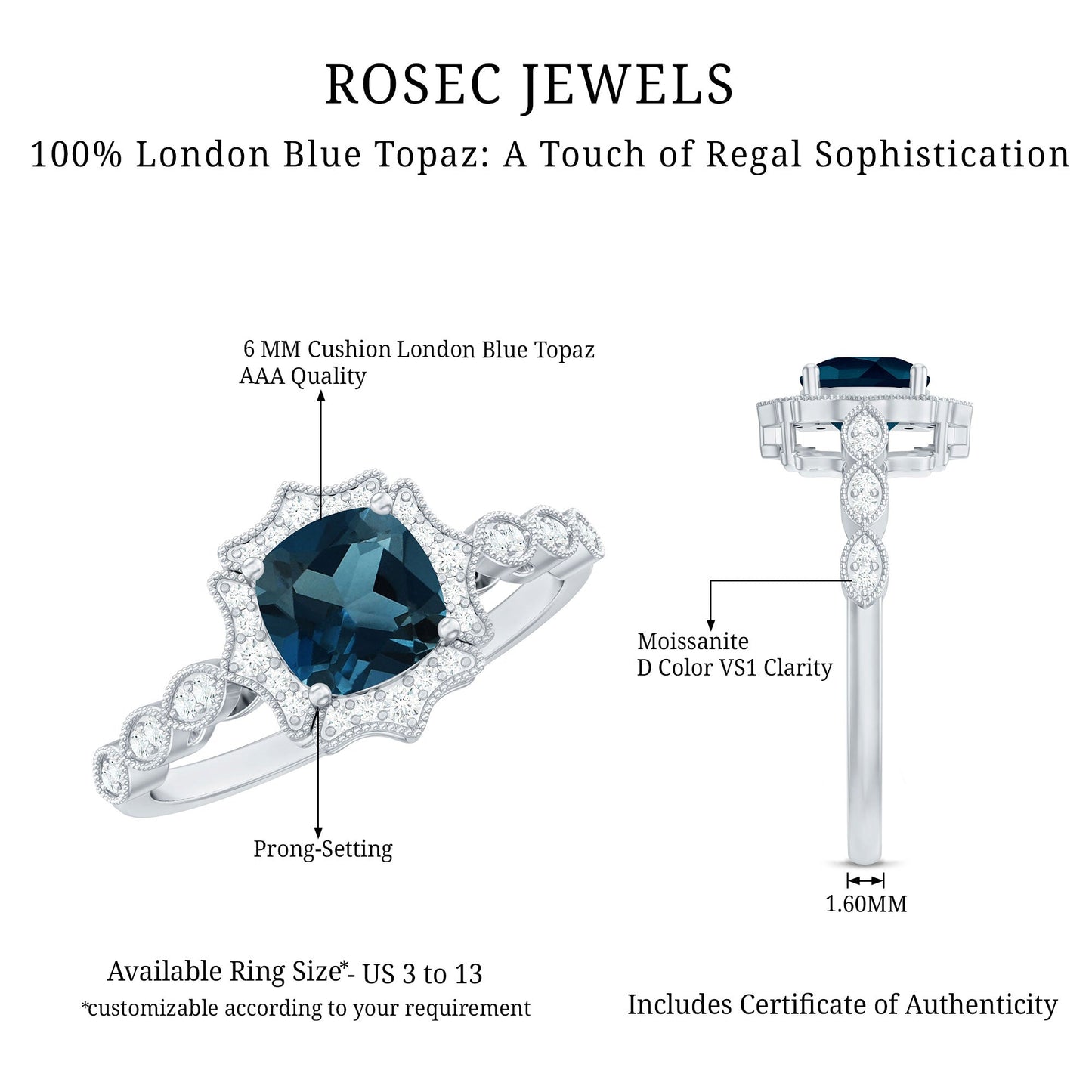 London Blue Topaz Antique Looking Engagement Ring with Moissanite Halo