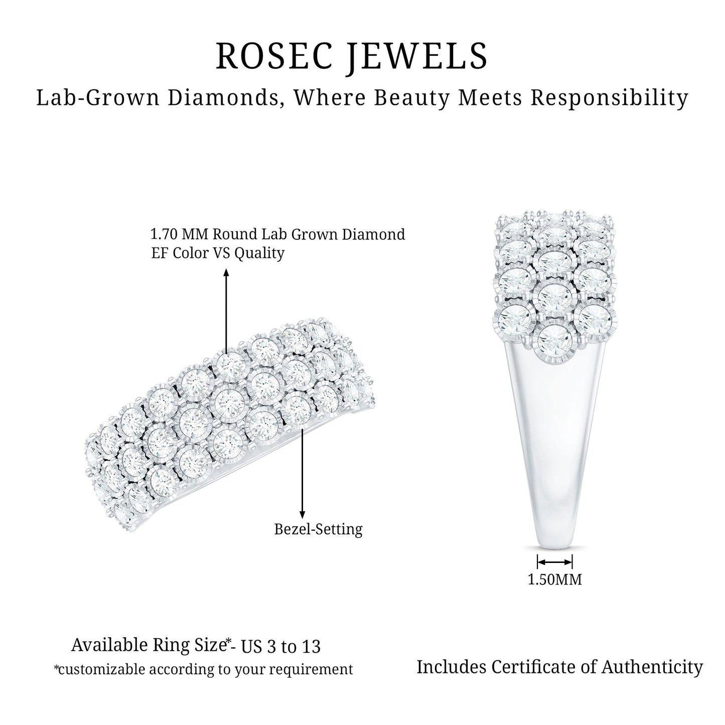 3 Row Lab Grown Diamond Wide Wedding Band with Certificate