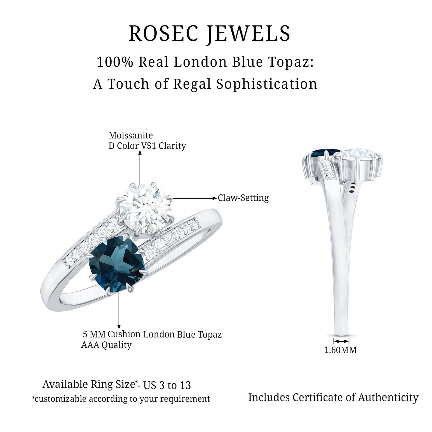 Designer Two Stone Engagement Ring with London Blue Topaz and Moissanite