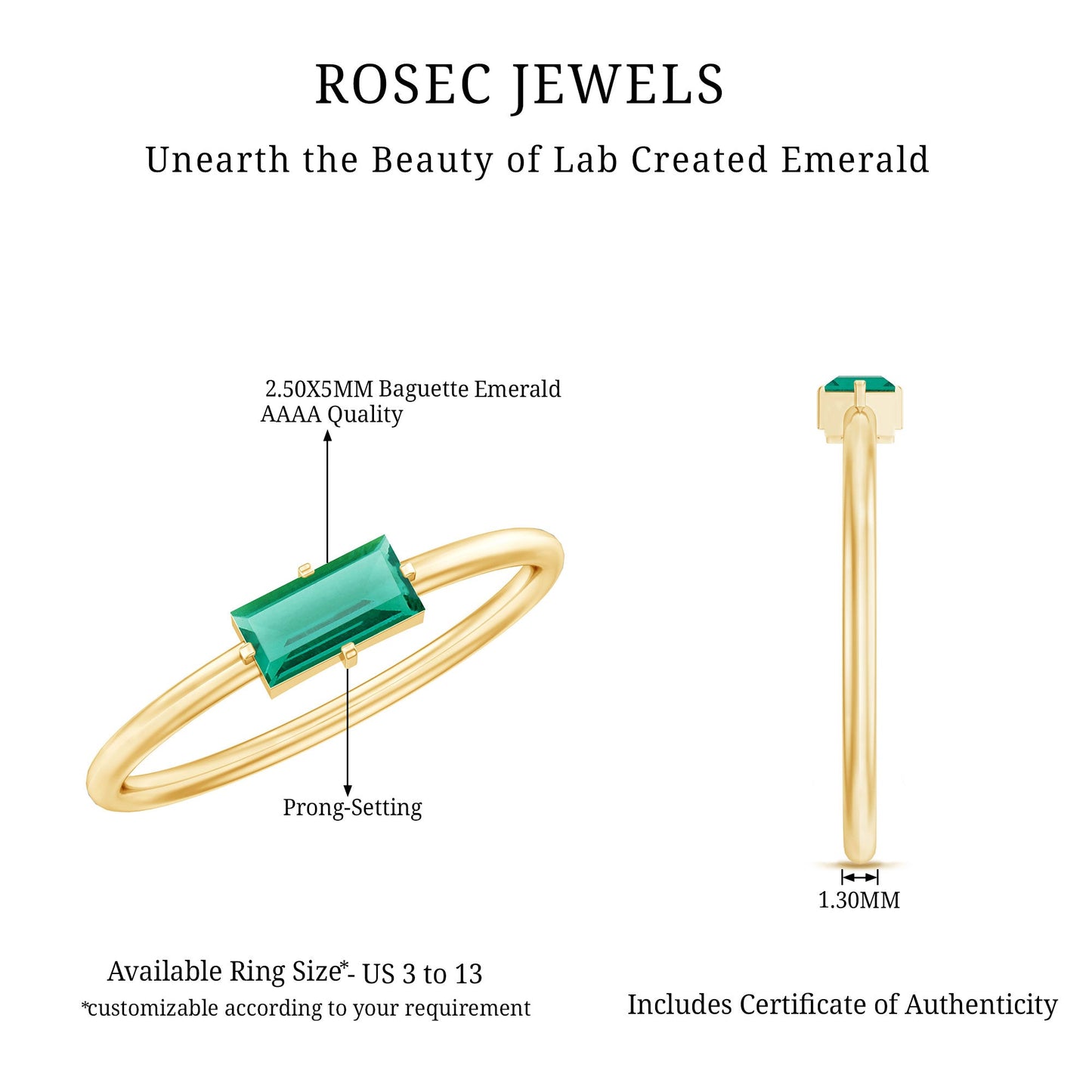 Baguette Cut Lab Emerald Solitaire Promise Ring in East West Style