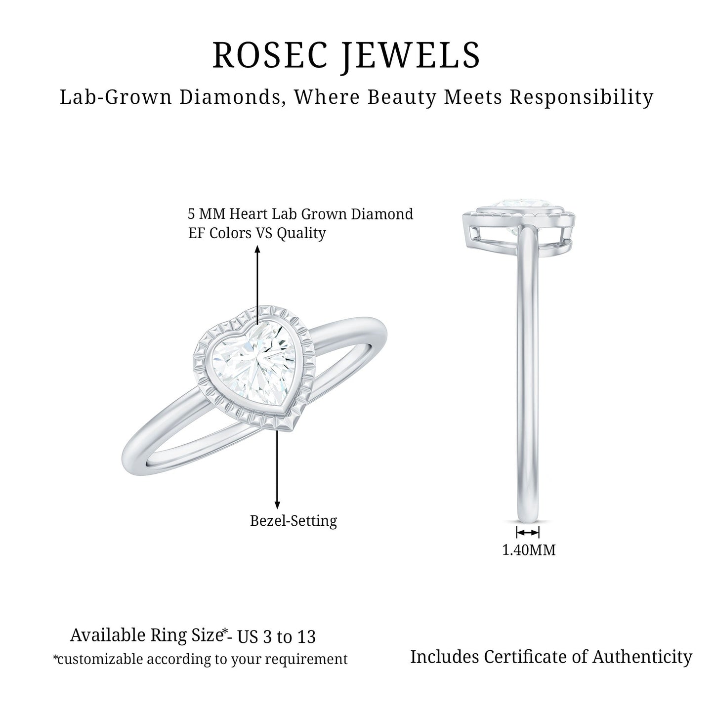 Lab Grown Diamond Heart Solitaire Ring with Engraved Details