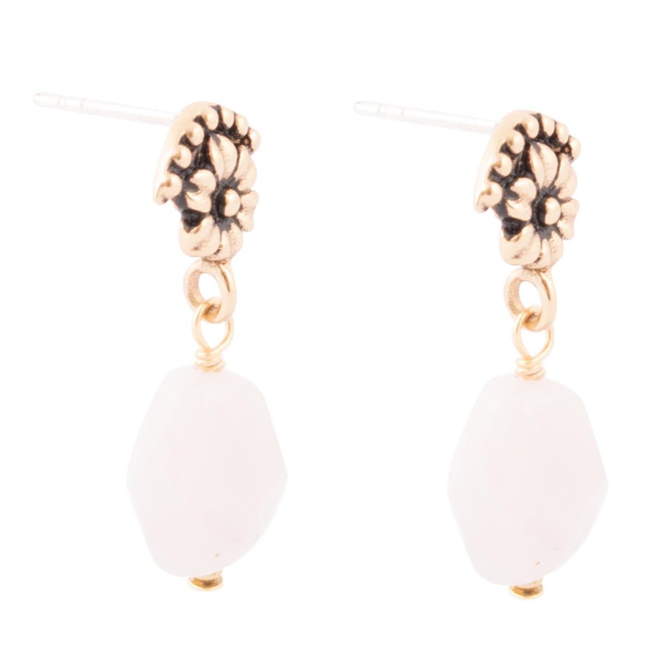 Pink Rose Quartz Golden Floral Drop Earrings