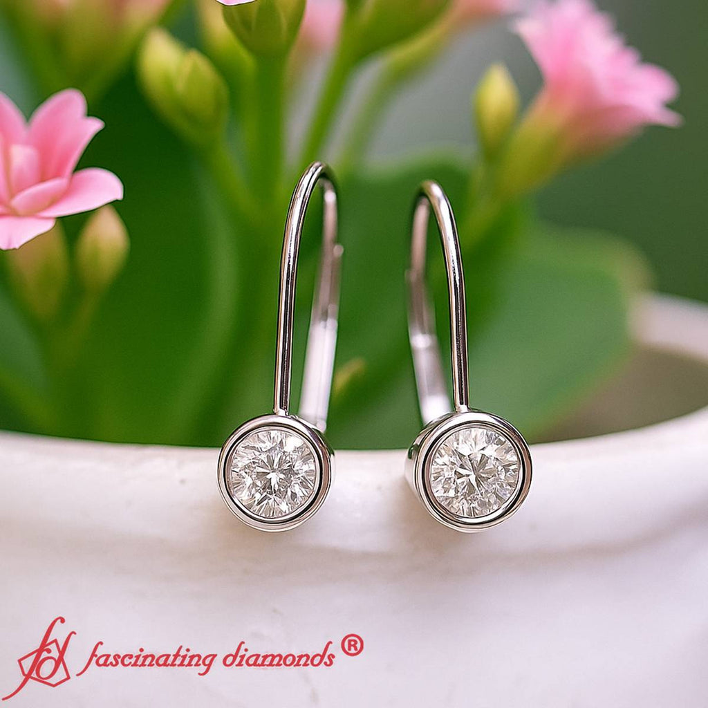 Lever Back Bezel Set Round Diamond Earrings