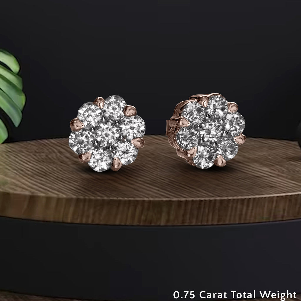 0.75 Ct 7-Stone Flower Diamond Earrings in Gold