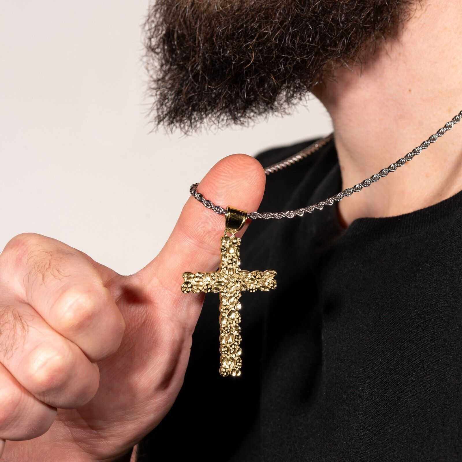 14K Gold Gold Nugget Cross Pendant 925 Sterling Silver